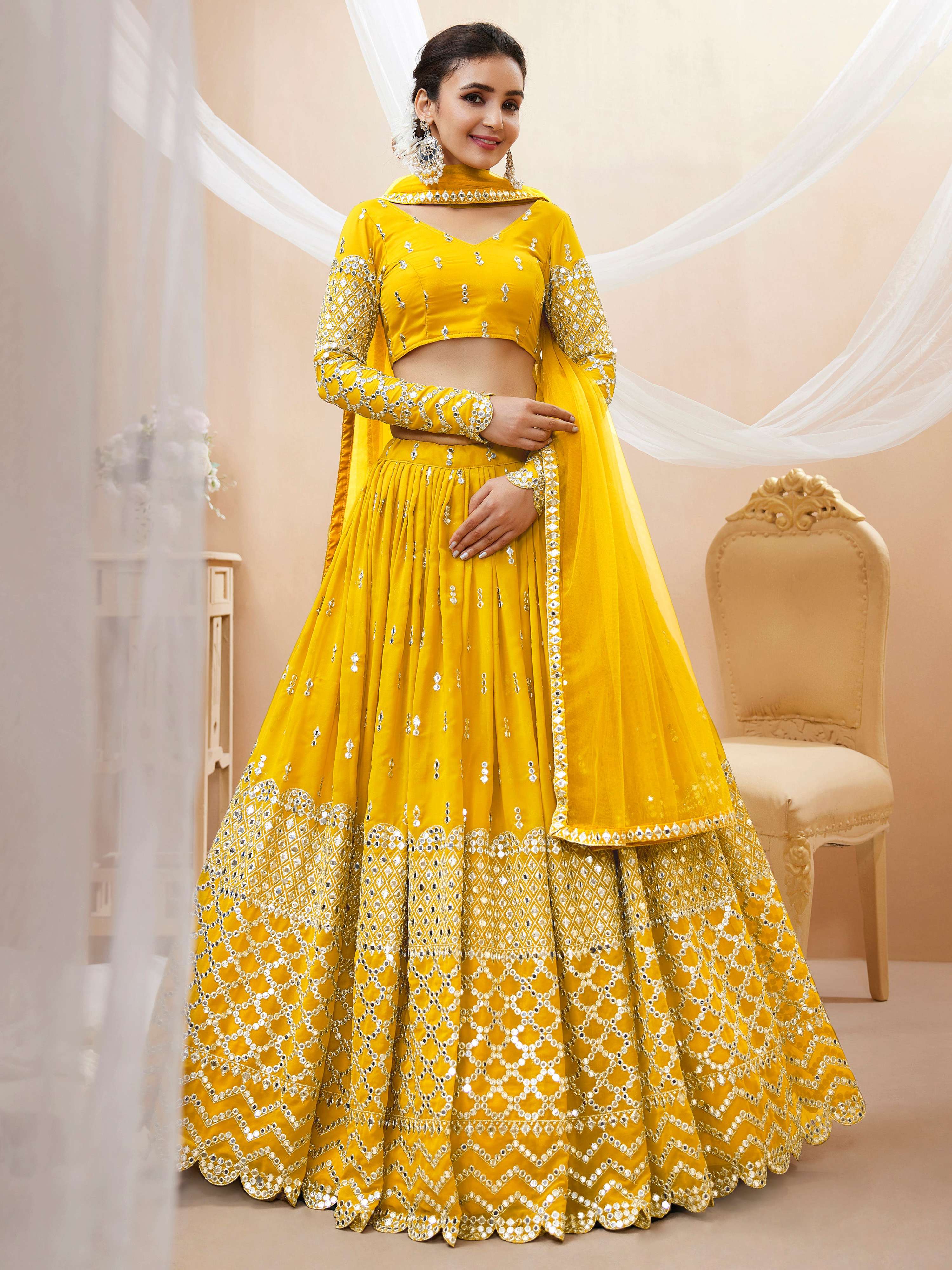 Jyoti Fashion Women's Yellow Georgette Sequins Zari Embroidered Lehenga Choli & Dupatta | Grocsy