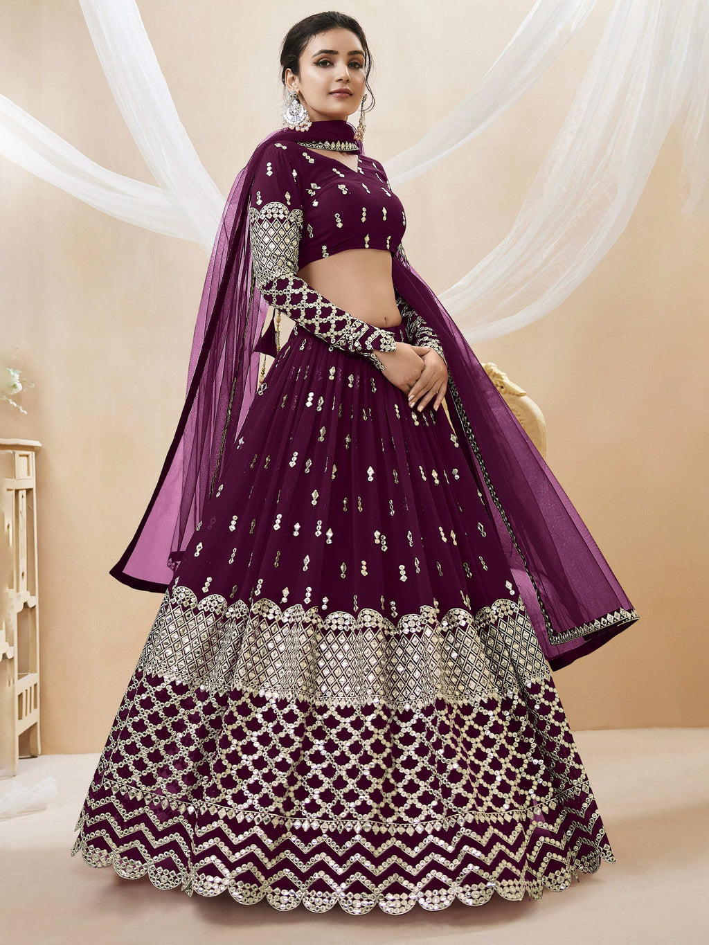 Jyoti Fashion Women's Wine Georgette Sequins Zari Embroidered Lehenga Choli & Dupatta | Grocsy