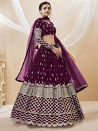 Jyoti Fashion Women's Wine Georgette Sequins Zari Embroidered Lehenga Choli & Dupatta | Grocsy