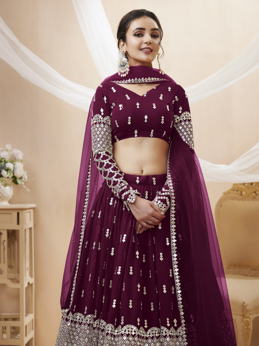 Jyoti Fashion Women's Wine Georgette Sequins Zari Embroidered Lehenga Choli & Dupatta | Grocsy