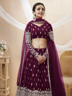 Jyoti Fashion Women's Wine Georgette Sequins Zari Embroidered Lehenga Choli & Dupatta | Grocsy