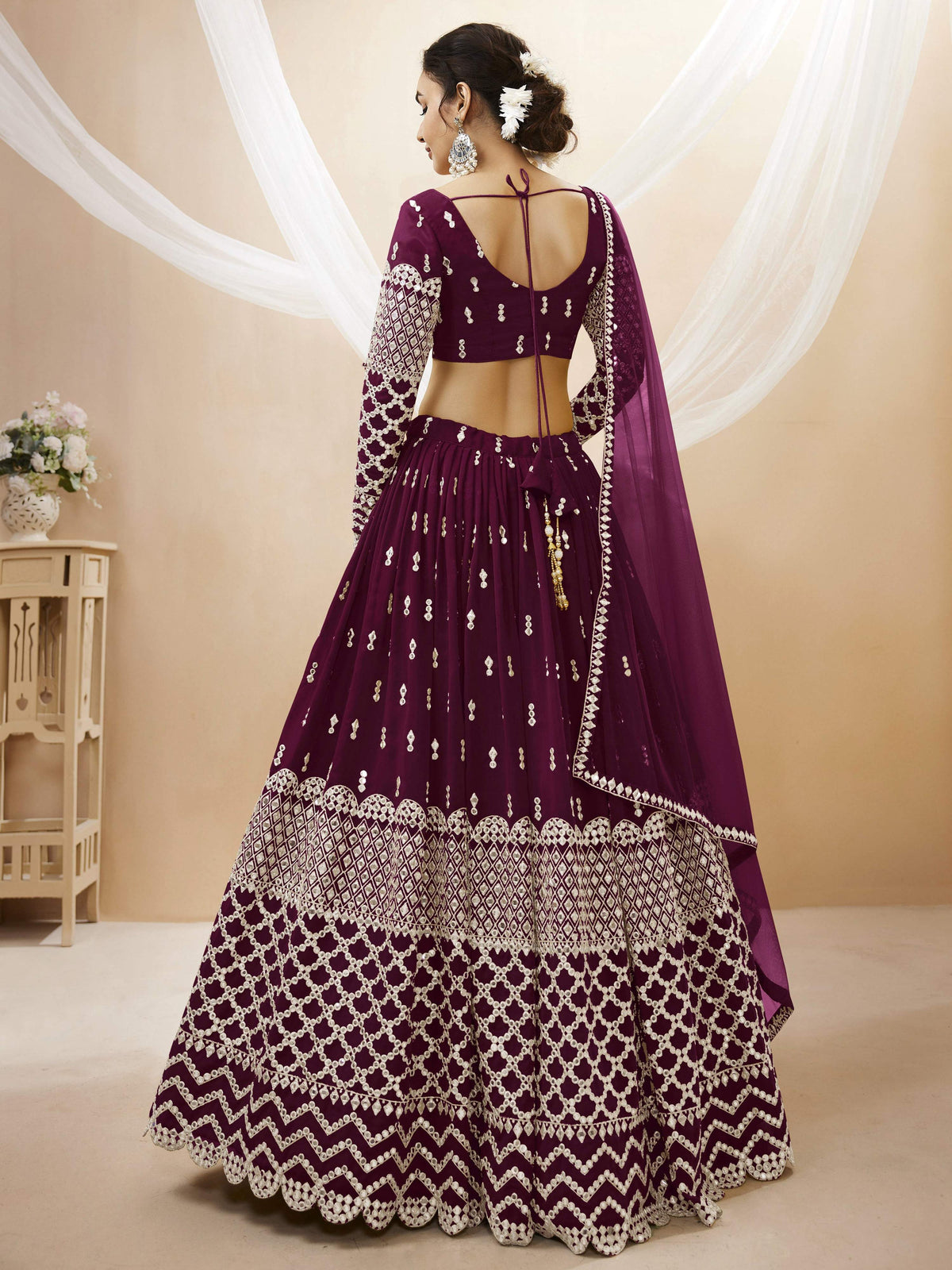Jyoti Fashion Women's Wine Georgette Sequins Zari Embroidered Lehenga Choli & Dupatta | Grocsy