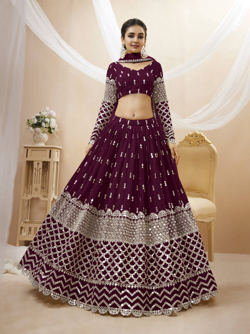 Jyoti Fashion Women's Wine Georgette Sequins Zari Embroidered Lehenga Choli & Dupatta | Grocsy