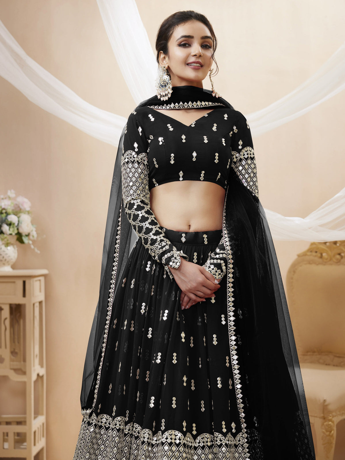 Jyoti Fashion Women's Black Georgette Sequins Zari Embroidered Lehenga Choli & Dupatta | Grocsy