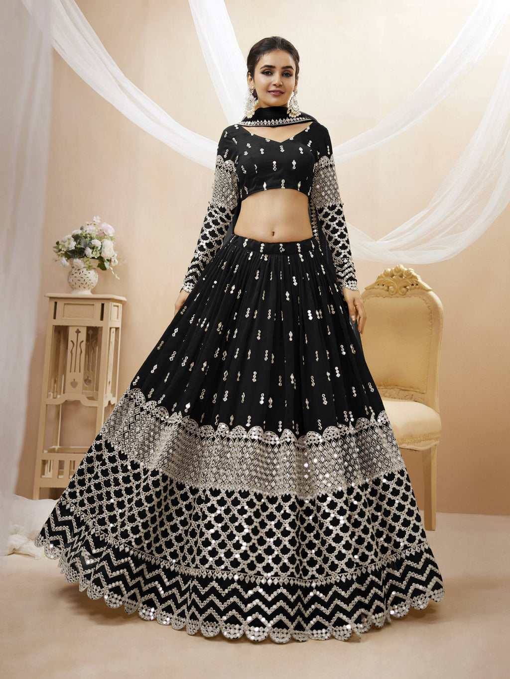 Jyoti Fashion Women's Black Georgette Sequins Zari Embroidered Lehenga Choli & Dupatta | Grocsy