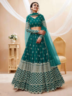 Jyoti Fashion Women's Teal Blue Georgette Sequins Zari Embroidered Lehenga Choli & Dupatta | Grocsy