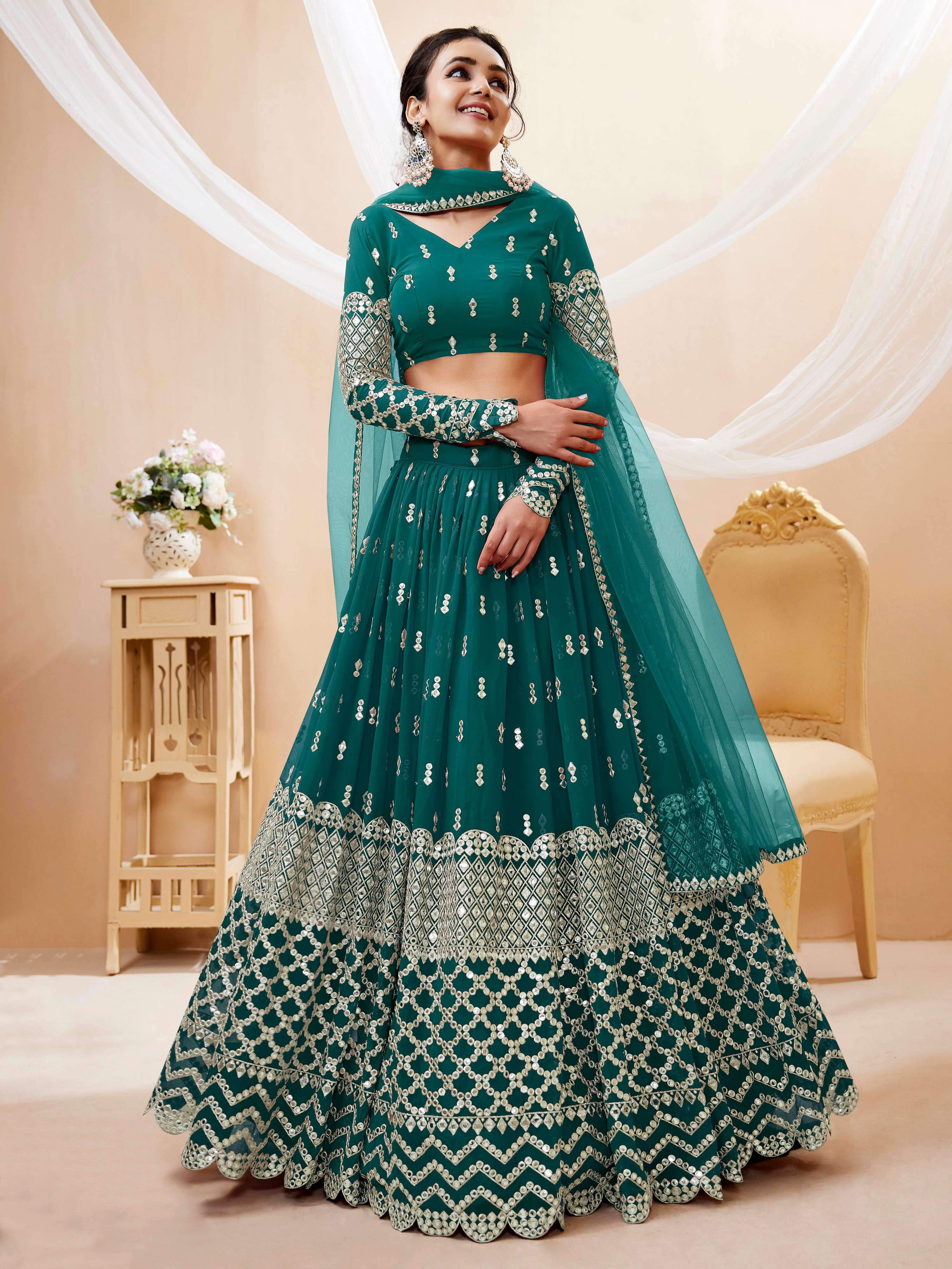 Jyoti Fashion Women's Teal Blue Georgette Sequins Zari Embroidered Lehenga Choli & Dupatta | Grocsy