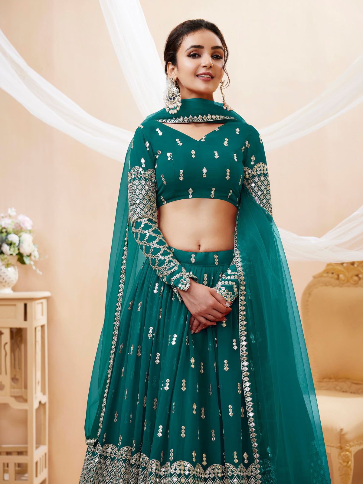 Jyoti Fashion Women's Teal Blue Georgette Sequins Zari Embroidered Lehenga Choli & Dupatta | Grocsy