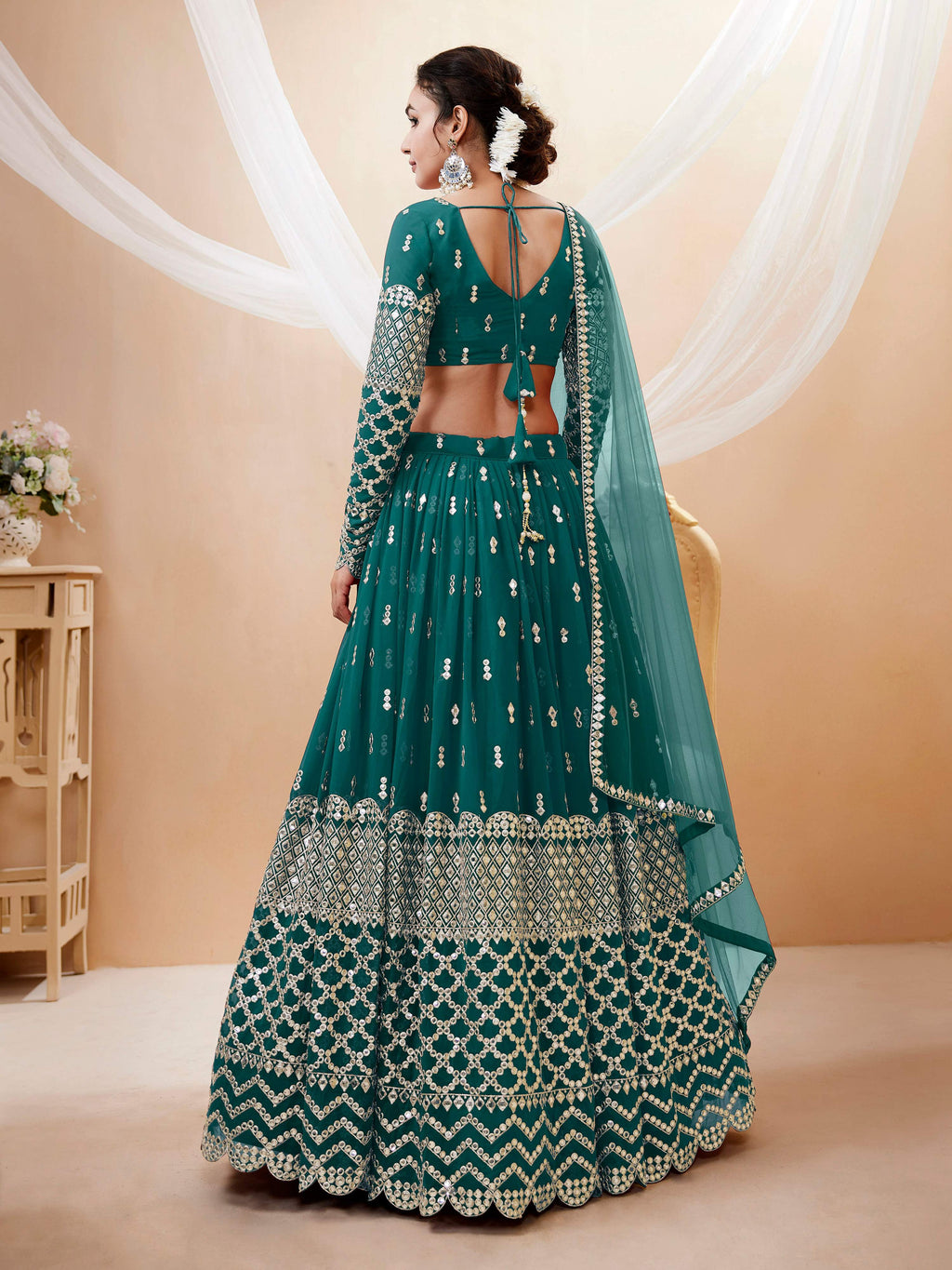 Jyoti Fashion Women's Teal Blue Georgette Sequins Zari Embroidered Lehenga Choli & Dupatta | Grocsy