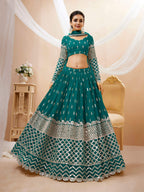 Jyoti Fashion Women's Teal Blue Georgette Sequins Zari Embroidered Lehenga Choli & Dupatta | Grocsy