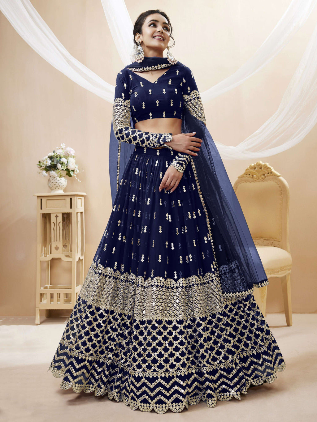 Jyoti Fashion Women's Navy Blue Georgette Sequins Zari Embroidered Lehenga Choli & Dupatta | Grocsy