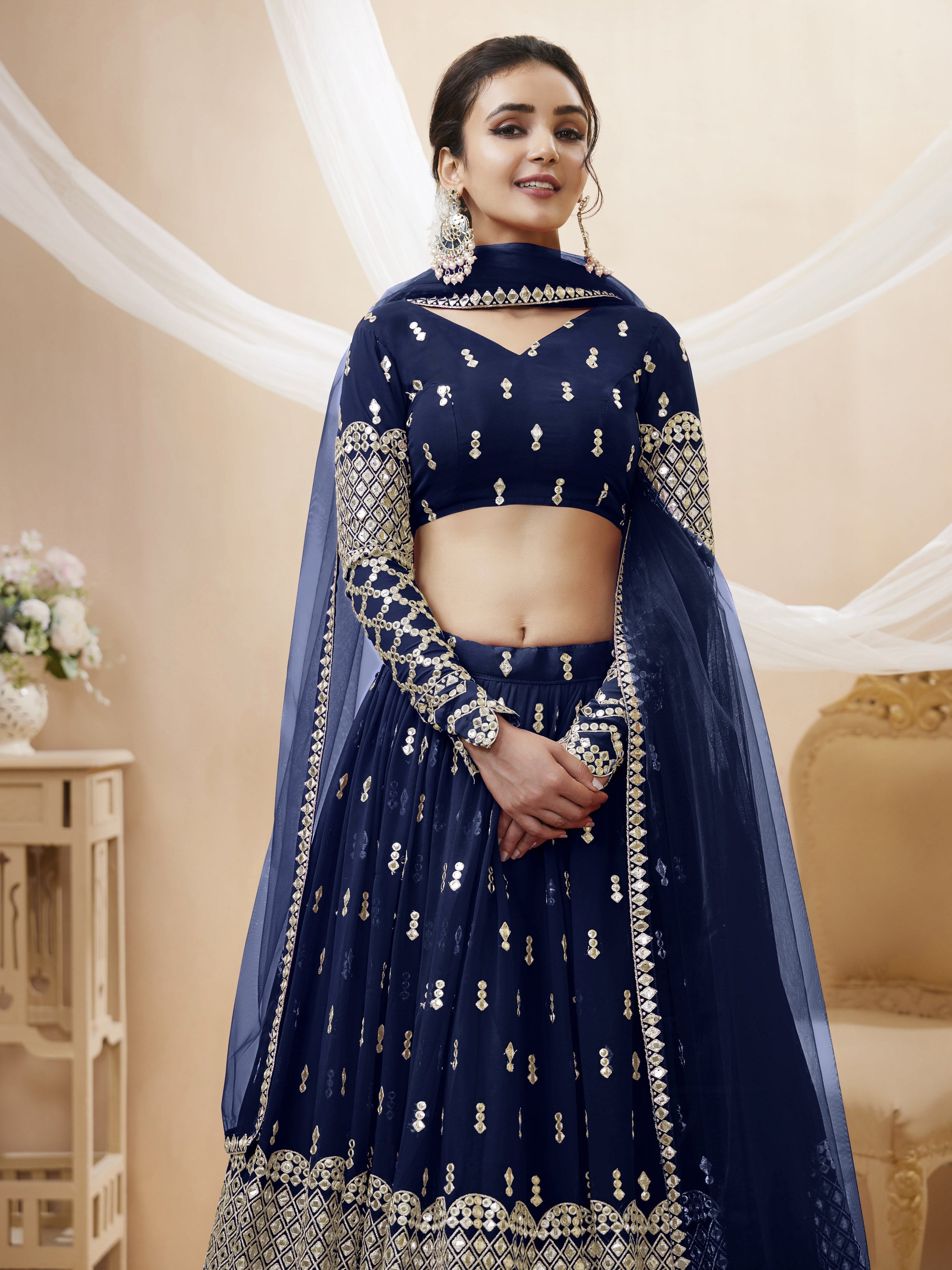Jyoti Fashion Women's Navy Blue Georgette Sequins Zari Embroidered Lehenga Choli & Dupatta | Grocsy