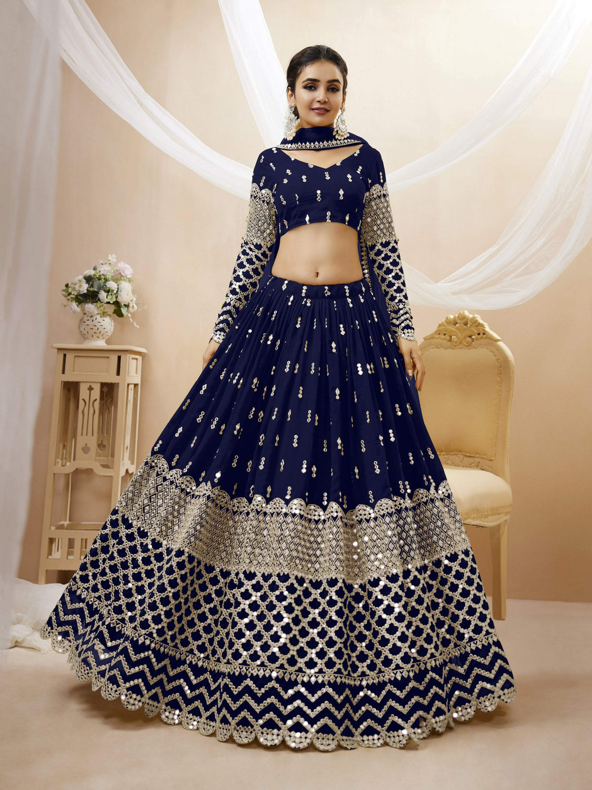 Jyoti Fashion Women's Navy Blue Georgette Sequins Zari Embroidered Lehenga Choli & Dupatta | Grocsy