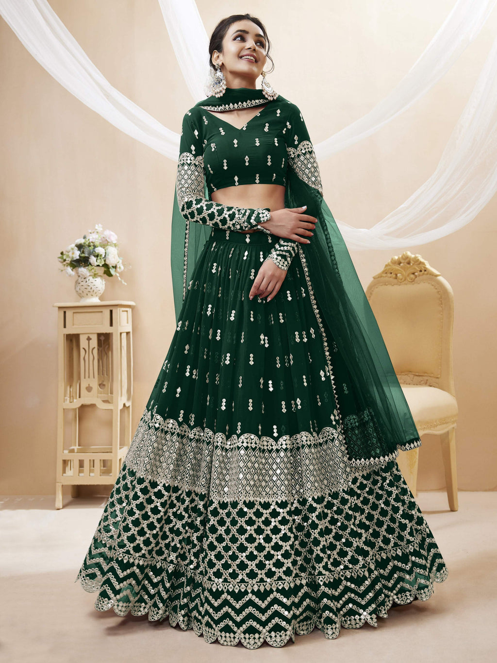 Jyoti Fashion Women's Green Georgette Sequins Zari Embroidered Lehenga Choli & Dupatta | Grocsy