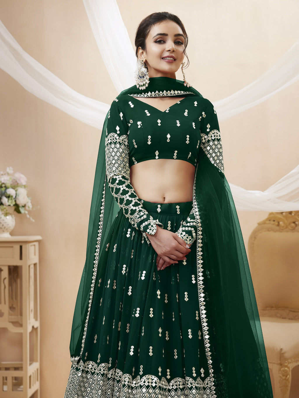 Jyoti Fashion Women's Green Georgette Sequins Zari Embroidered Lehenga Choli & Dupatta | Grocsy