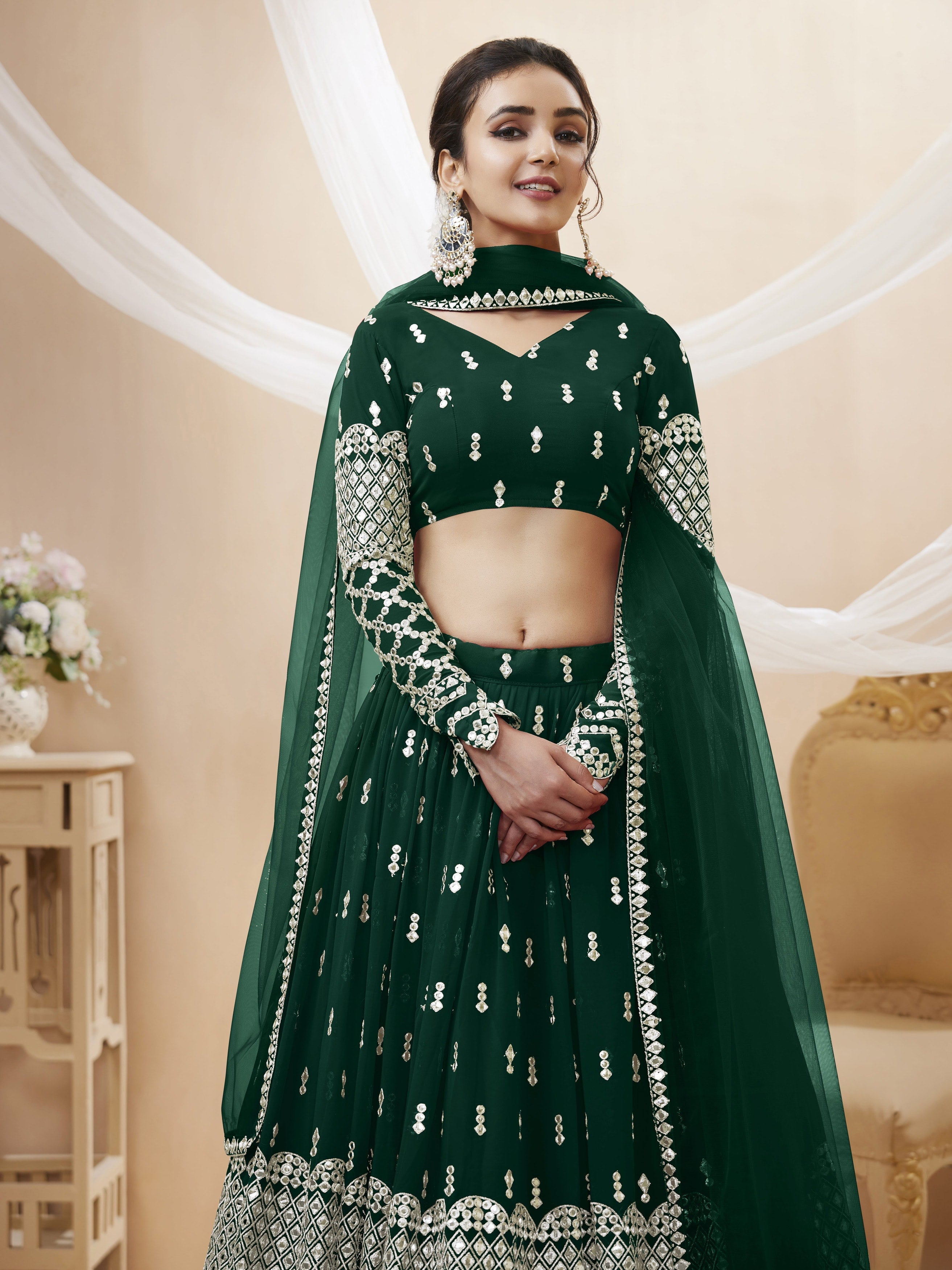 Jyoti Fashion Women's Green Georgette Sequins Zari Embroidered Lehenga Choli & Dupatta | Grocsy