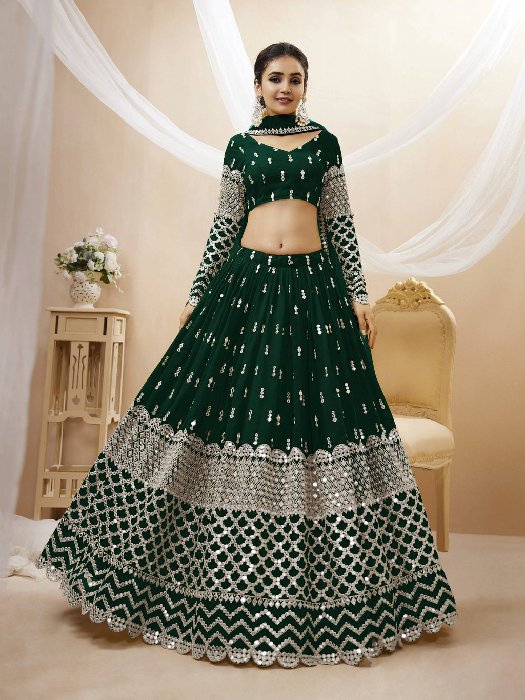 Jyoti Fashion Women's Green Georgette Sequins Zari Embroidered Lehenga Choli & Dupatta | Grocsy