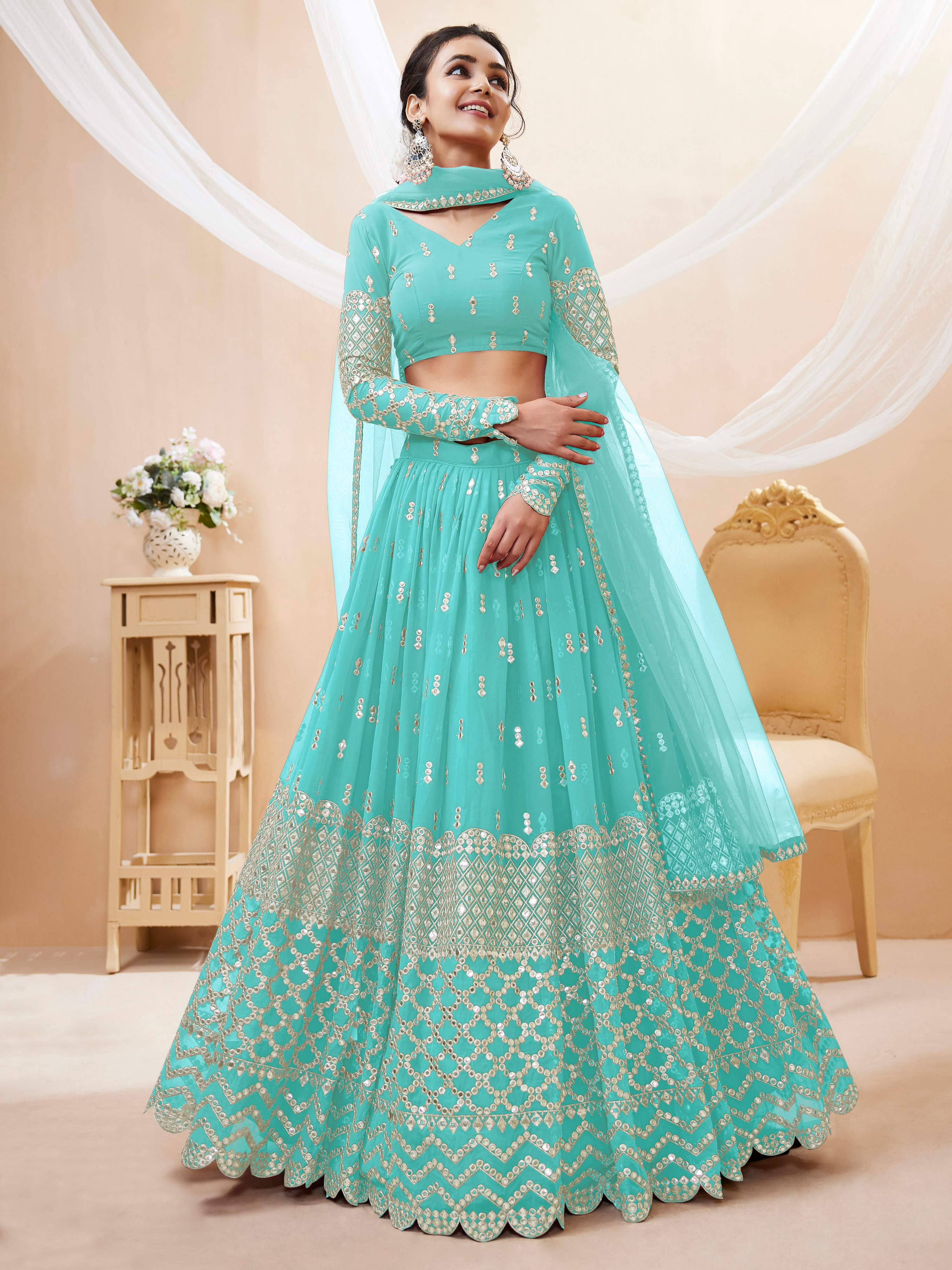 Jyoti Fashion Women's Sky Blue Georgette Sequins Zari Embroidered Lehenga Choli & Dupatta | Grocsy