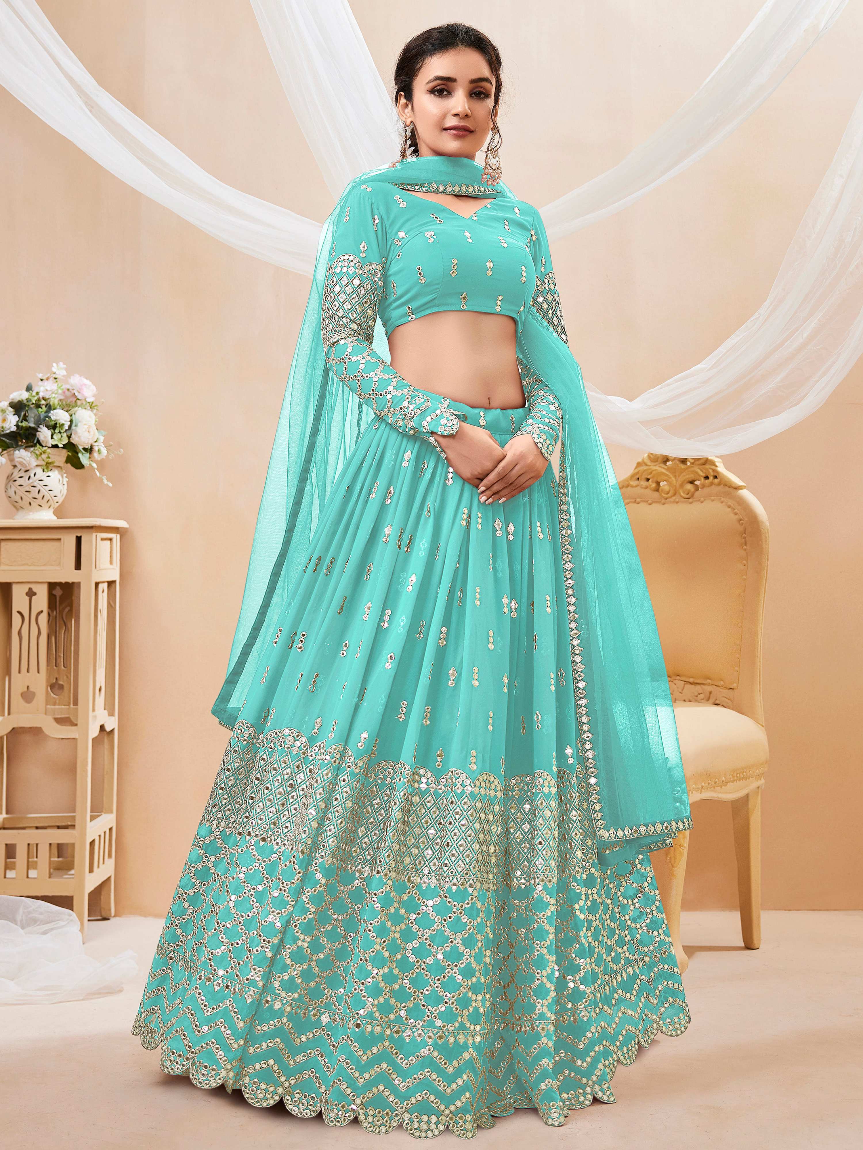 Jyoti Fashion Women's Sky Blue Georgette Sequins Zari Embroidered Lehenga Choli & Dupatta | Grocsy