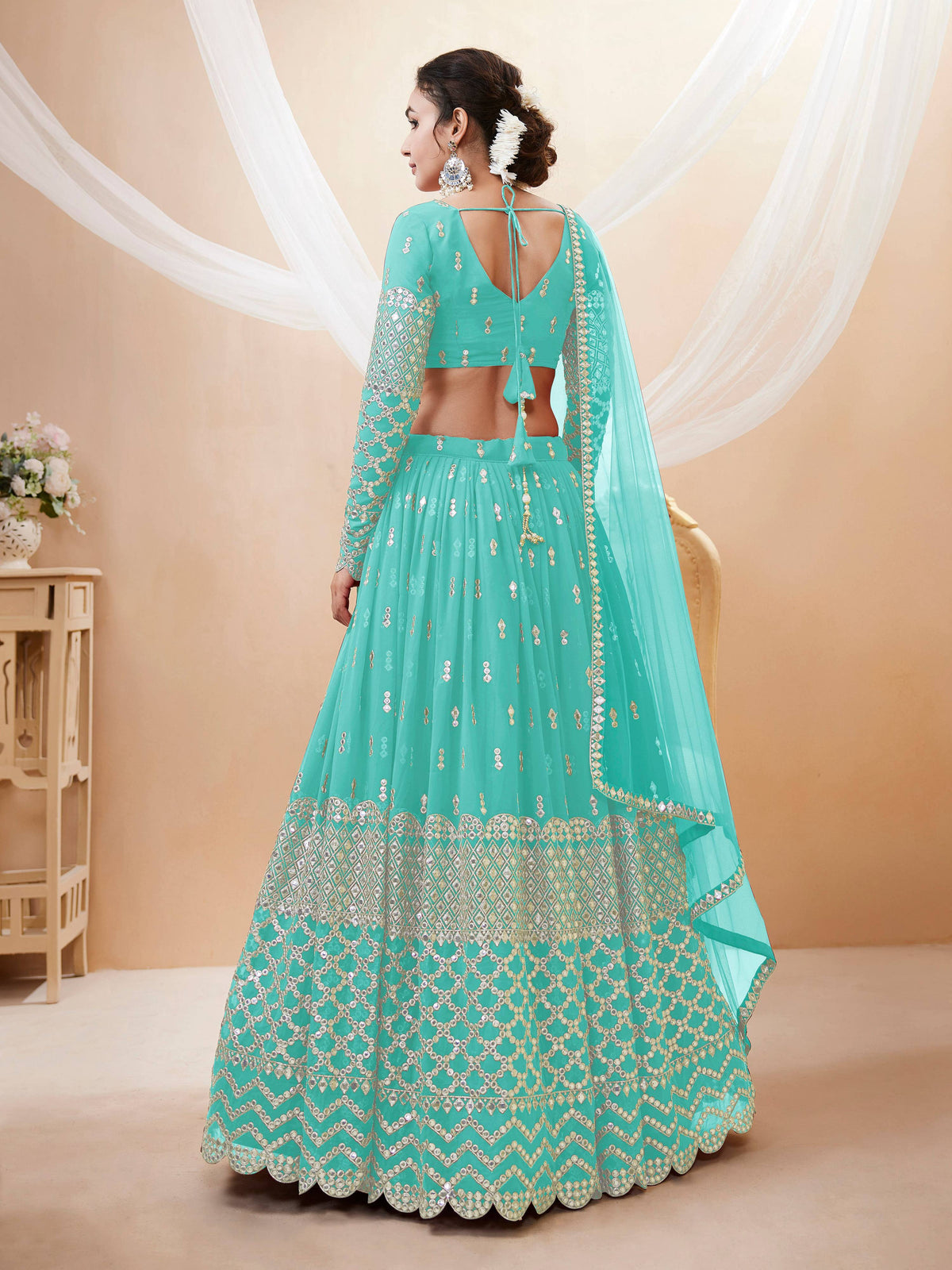 Jyoti Fashion Women's Sky Blue Georgette Sequins Zari Embroidered Lehenga Choli & Dupatta | Grocsy