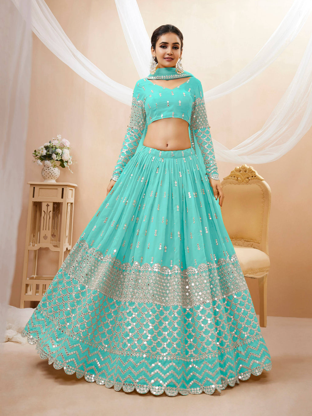 Jyoti Fashion Women's Sky Blue Georgette Sequins Zari Embroidered Lehenga Choli & Dupatta | Grocsy