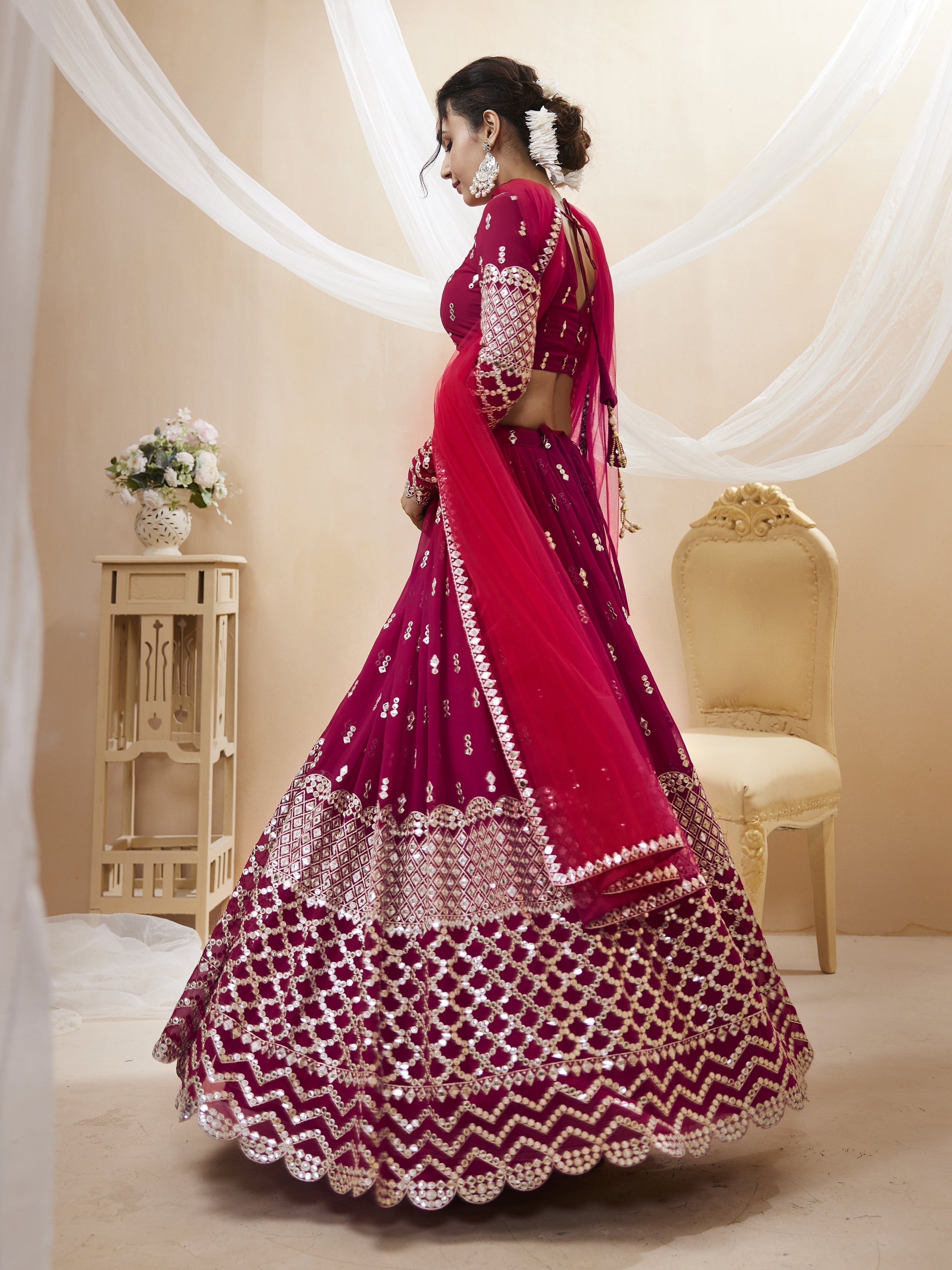 Jyoti Fashion Women's Hot Pink Georgette Sequins Zari Embroidered Lehenga Choli & Dupatta | Grocsy