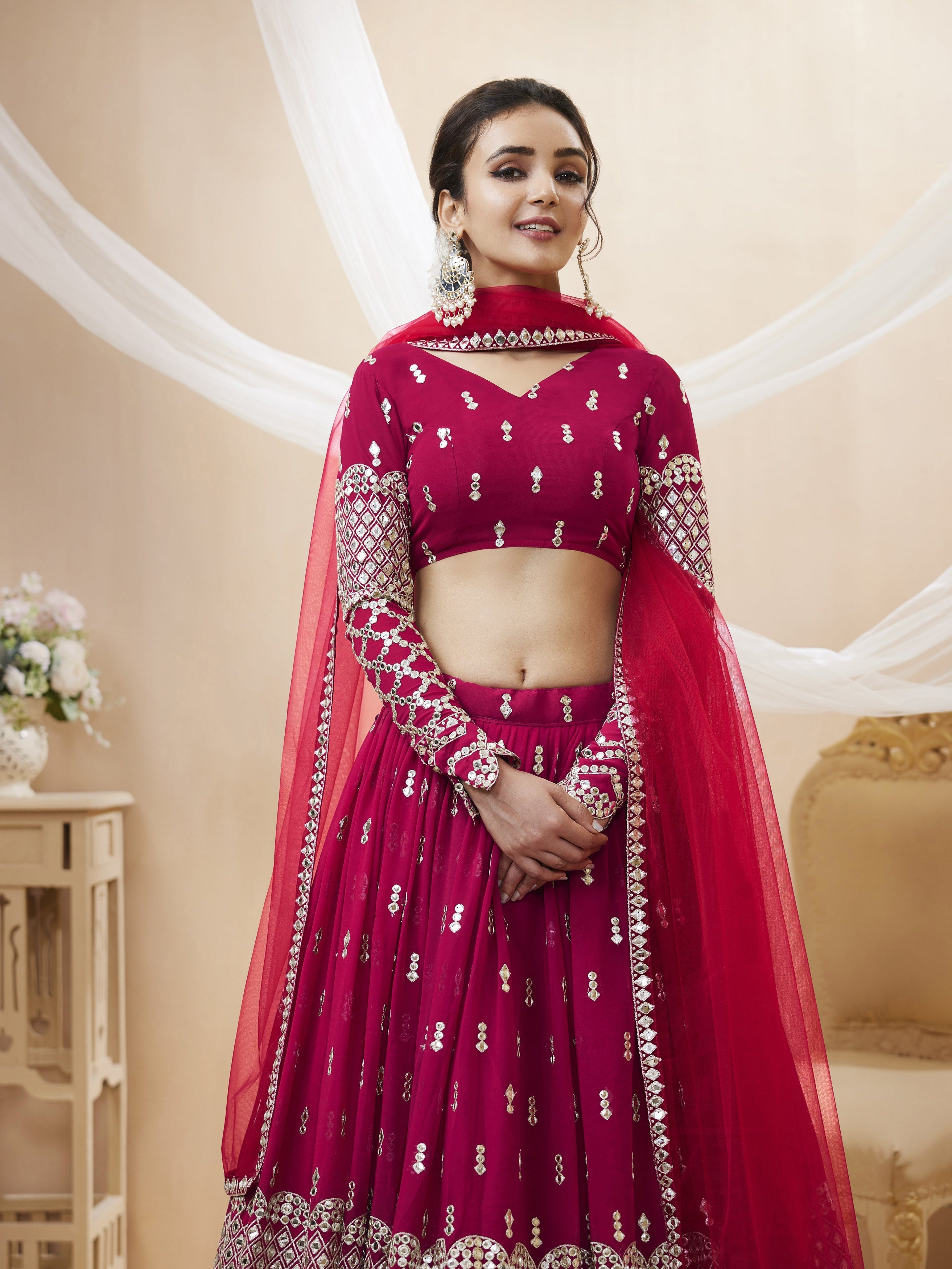 Jyoti Fashion Women's Hot Pink Georgette Sequins Zari Embroidered Lehenga Choli & Dupatta | Grocsy