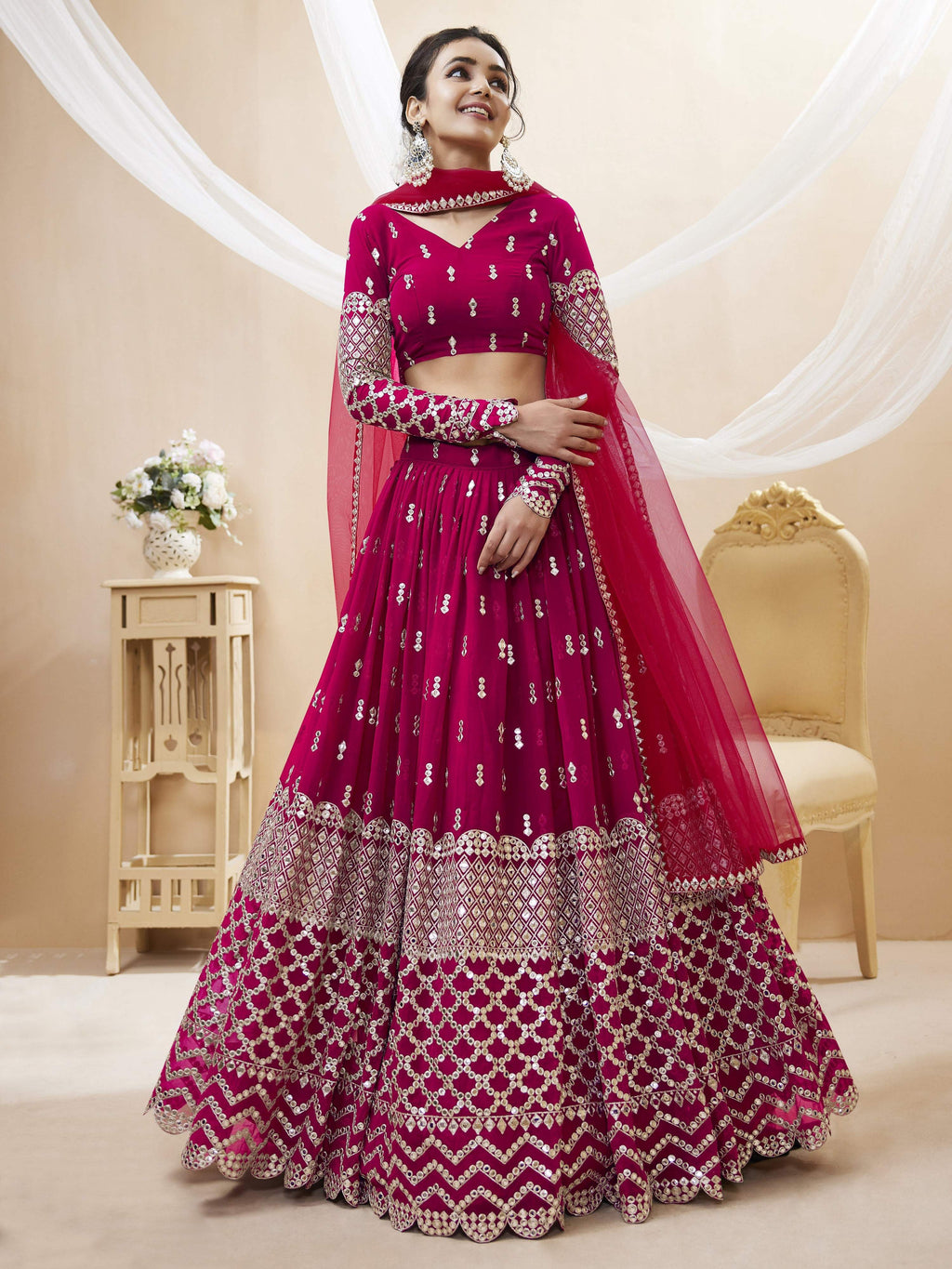 Jyoti Fashion Women's Hot Pink Georgette Sequins Zari Embroidered Lehenga Choli & Dupatta | Grocsy