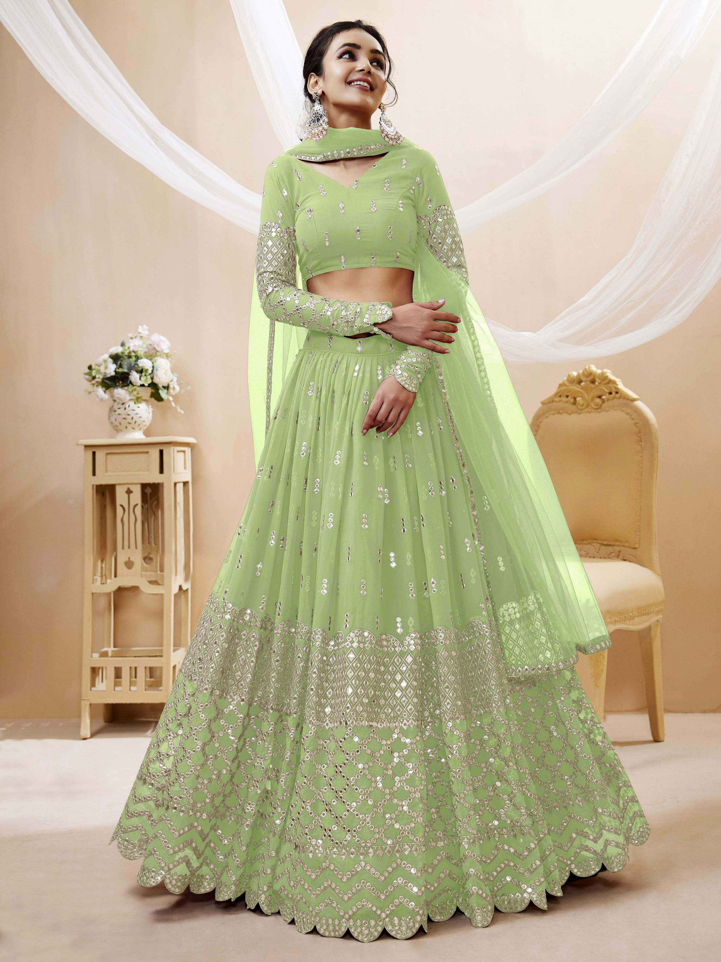 Jyoti Fashion Women's Pista Georgette Sequins Zari Embroidered Lehenga Choli & Dupatta | Grocsy