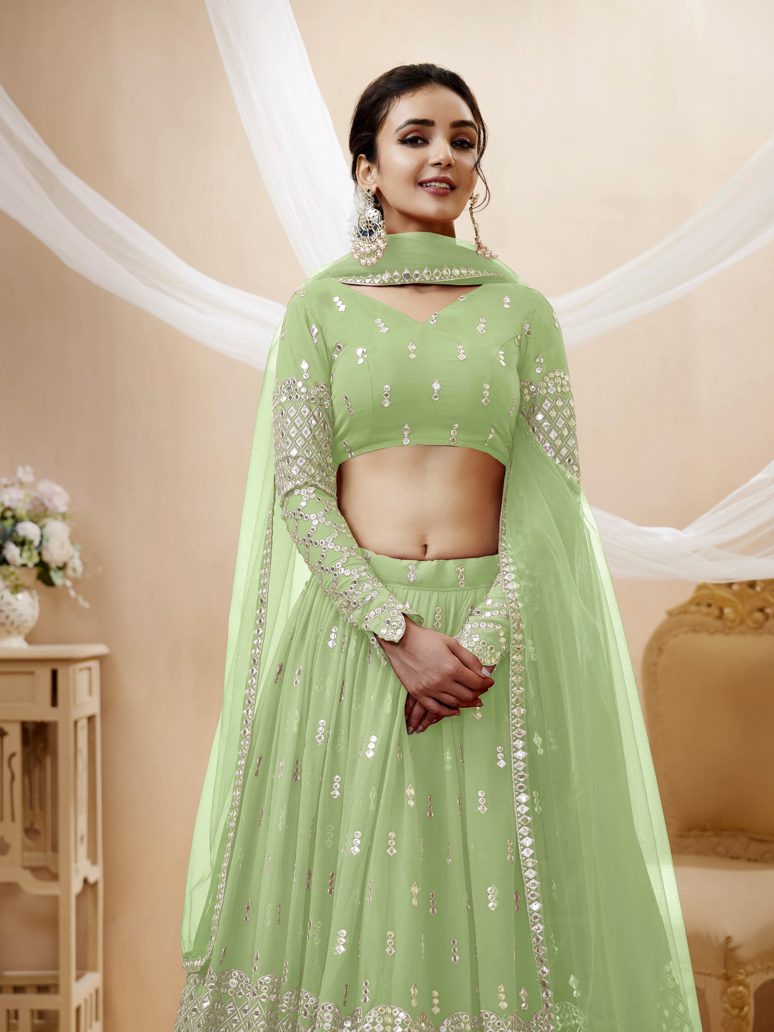 Jyoti Fashion Women's Pista Georgette Sequins Zari Embroidered Lehenga Choli & Dupatta | Grocsy