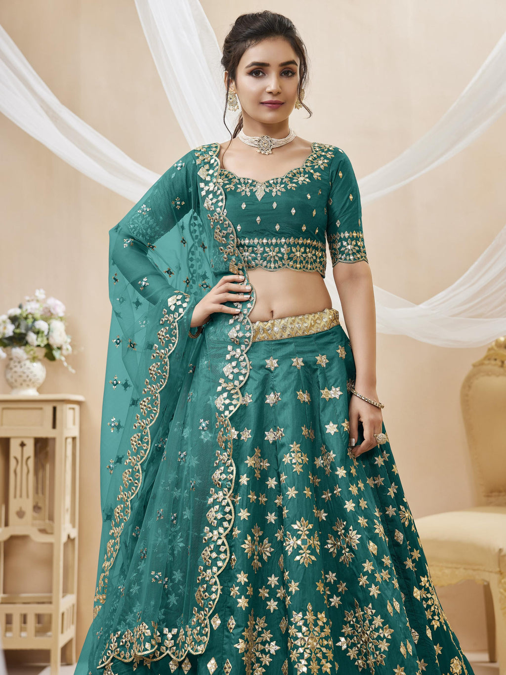 Jyoti Fashion Women's Green Art Silk Sequins with Foil & Zari Embroidered Lehenga Choli & Dupatta | Grocsy