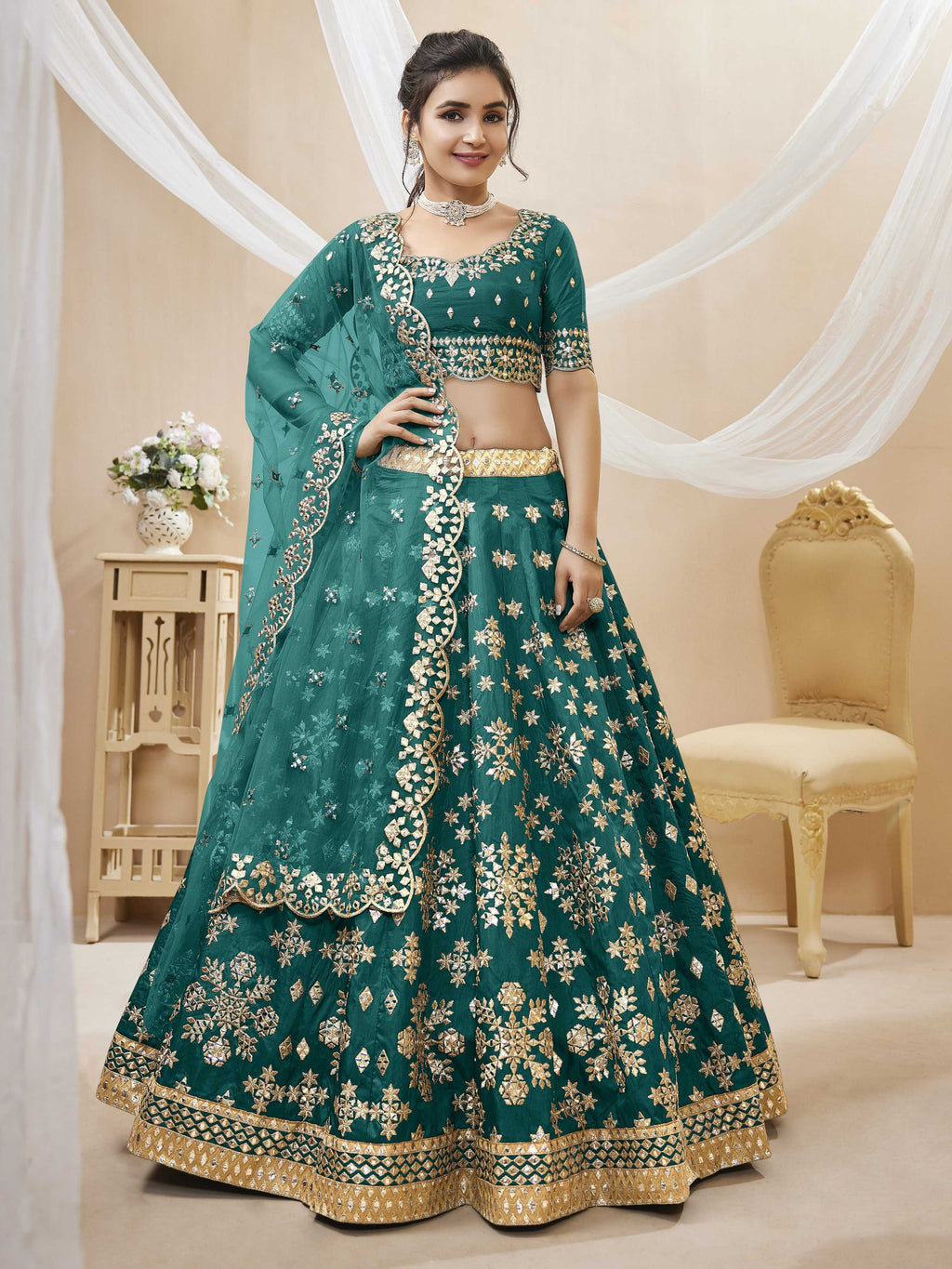 Jyoti Fashion Women's Green Art Silk Sequins with Foil & Zari Embroidered Lehenga Choli & Dupatta | Grocsy