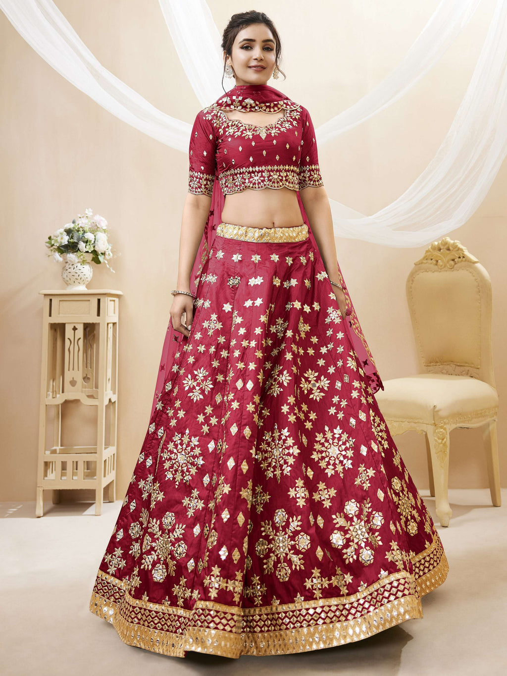 Jyoti Fashion Women's Red Art Silk Sequins with Foil & Zari Embroidered Lehenga Choli & Dupatta | Grocsy