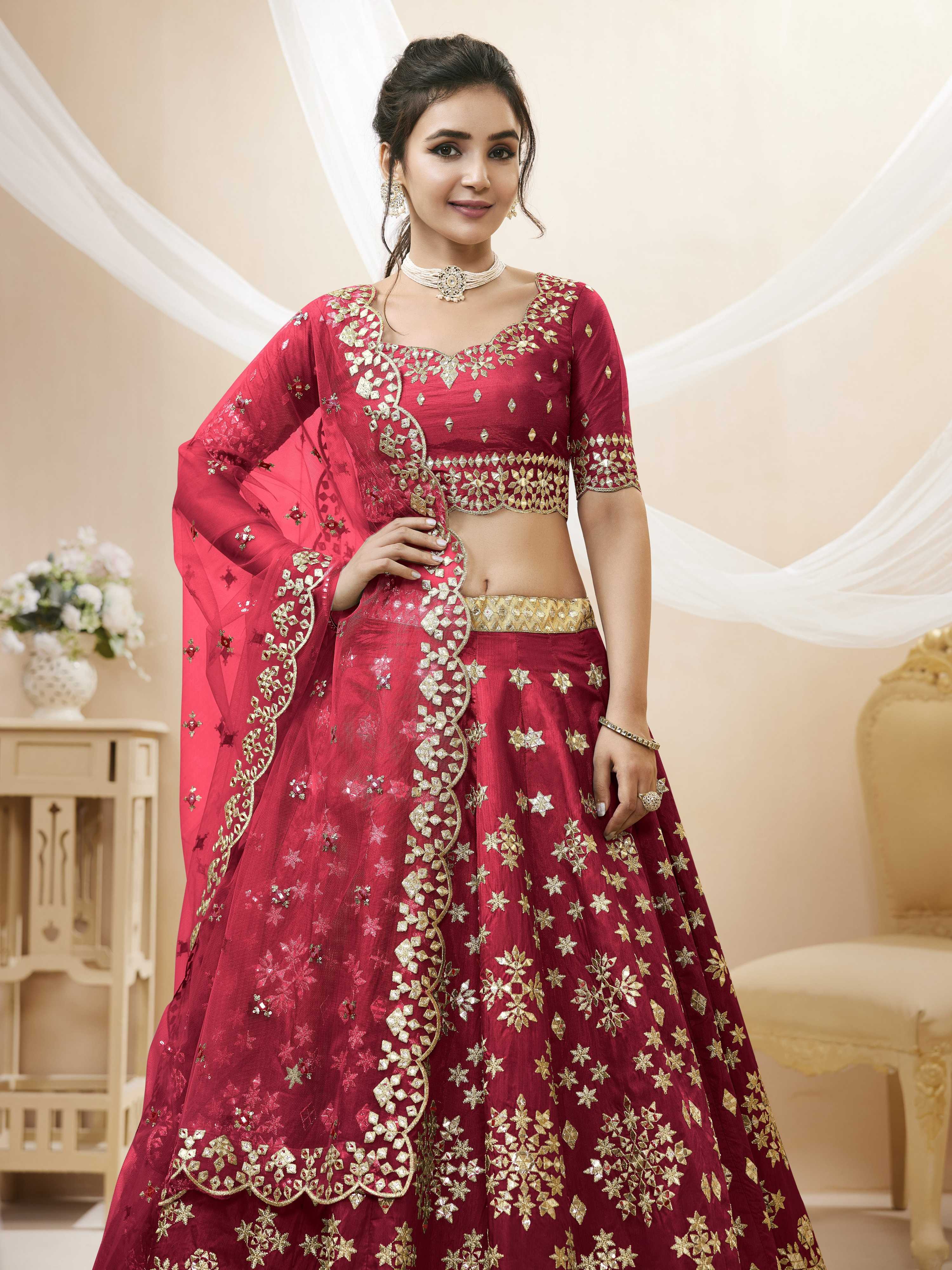 Jyoti Fashion Women's Red Art Silk Sequins with Foil & Zari Embroidered Lehenga Choli & Dupatta | Grocsy