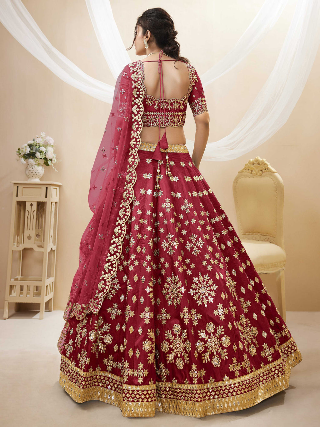 Jyoti Fashion Women's Red Art Silk Sequins with Foil & Zari Embroidered Lehenga Choli & Dupatta | Grocsy