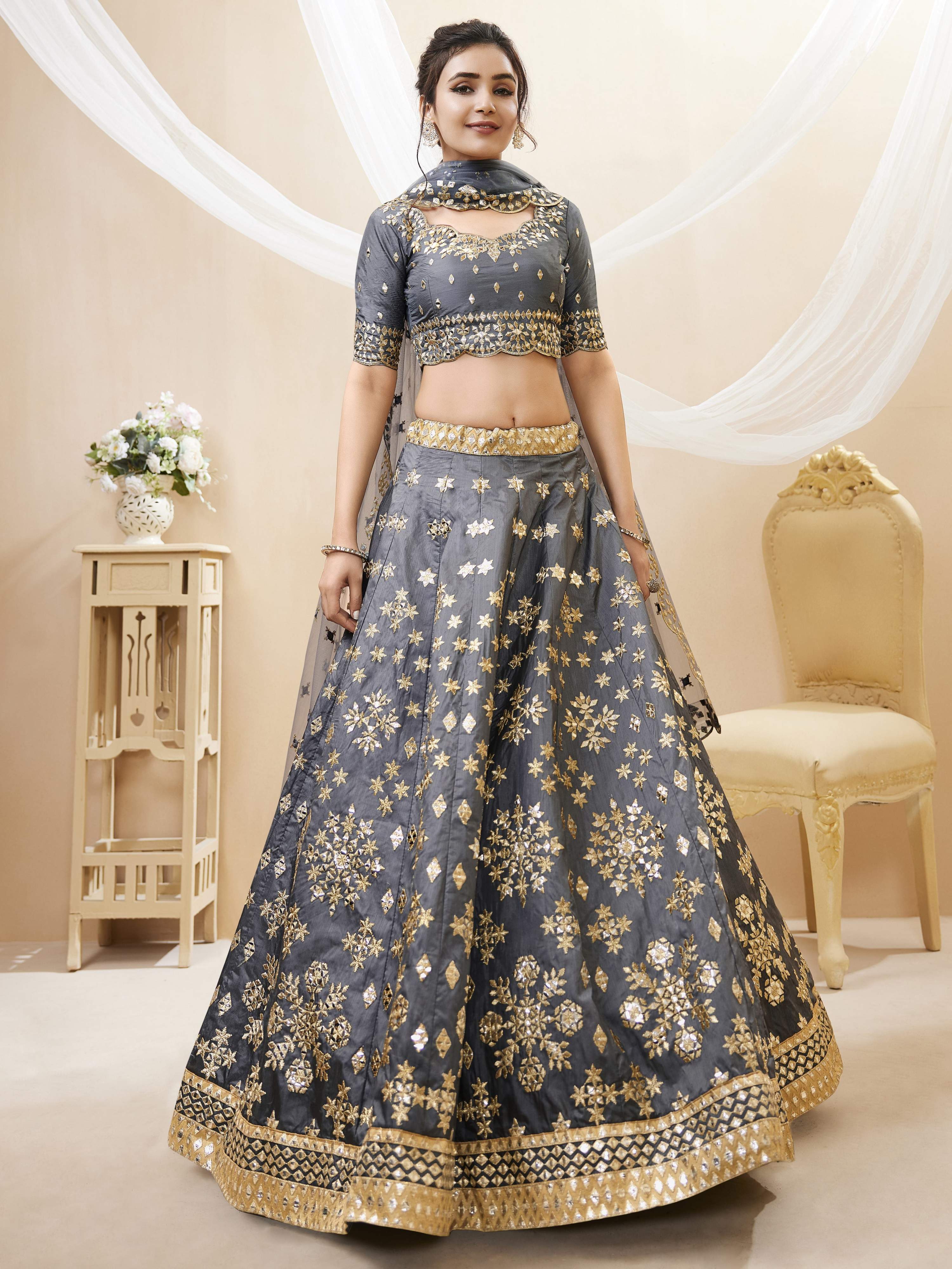 Jyoti Fashion Women's Grey Art Silk Sequins with Foil & Zari Embroidered Lehenga Choli & Dupatta | Grocsy
