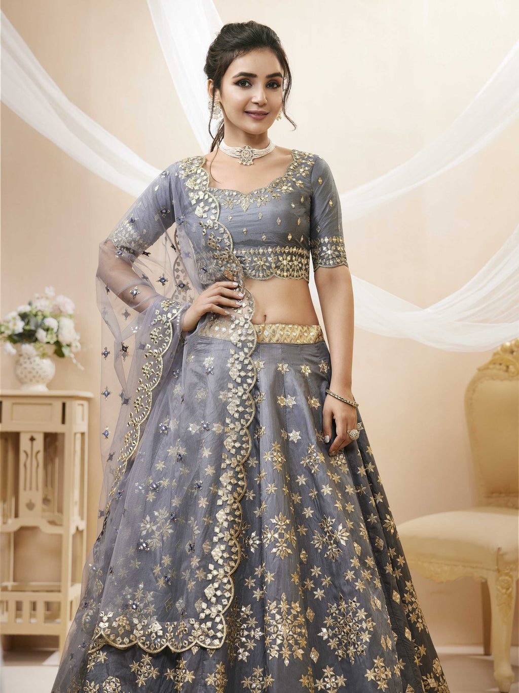 Jyoti Fashion Women's Grey Art Silk Sequins with Foil & Zari Embroidered Lehenga Choli & Dupatta | Grocsy