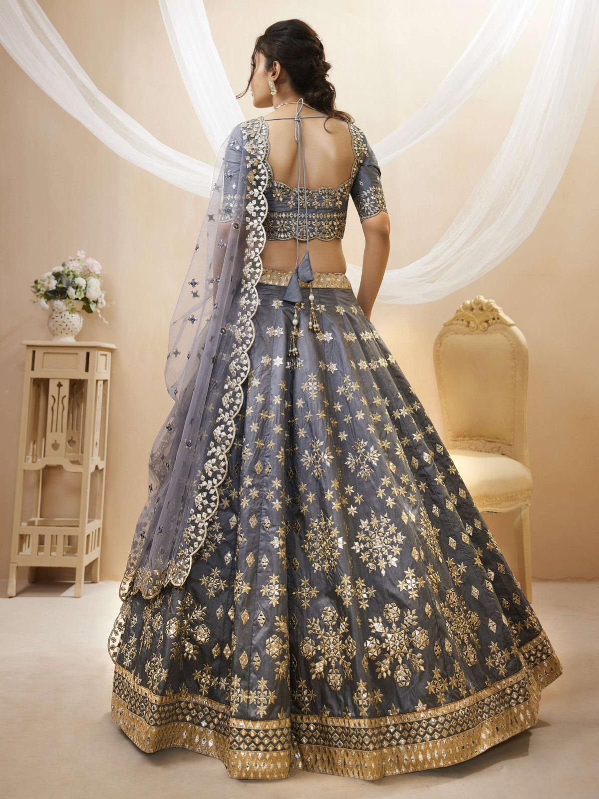 Jyoti Fashion Women's Grey Art Silk Sequins with Foil & Zari Embroidered Lehenga Choli & Dupatta | Grocsy