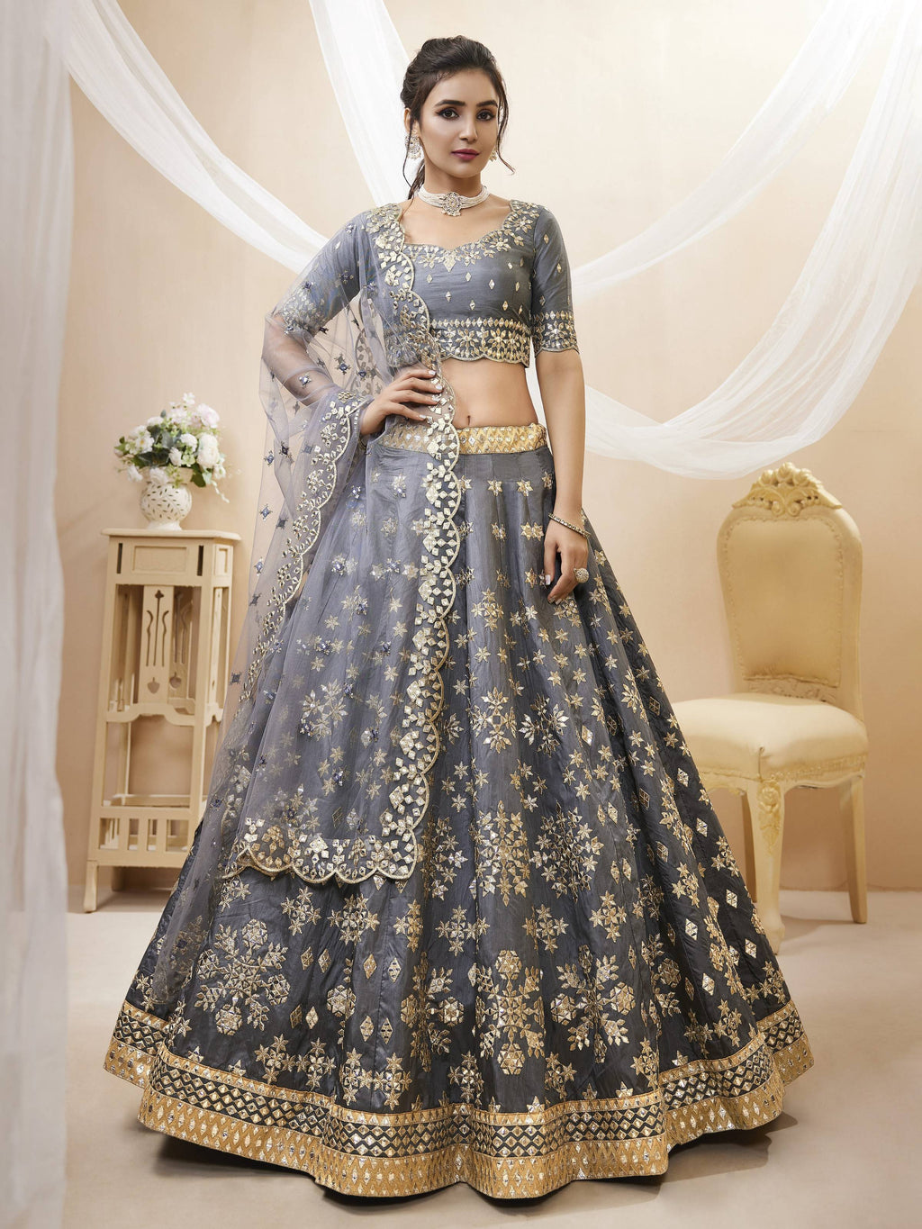 Jyoti Fashion Women's Grey Art Silk Sequins with Foil & Zari Embroidered Lehenga Choli & Dupatta | Grocsy