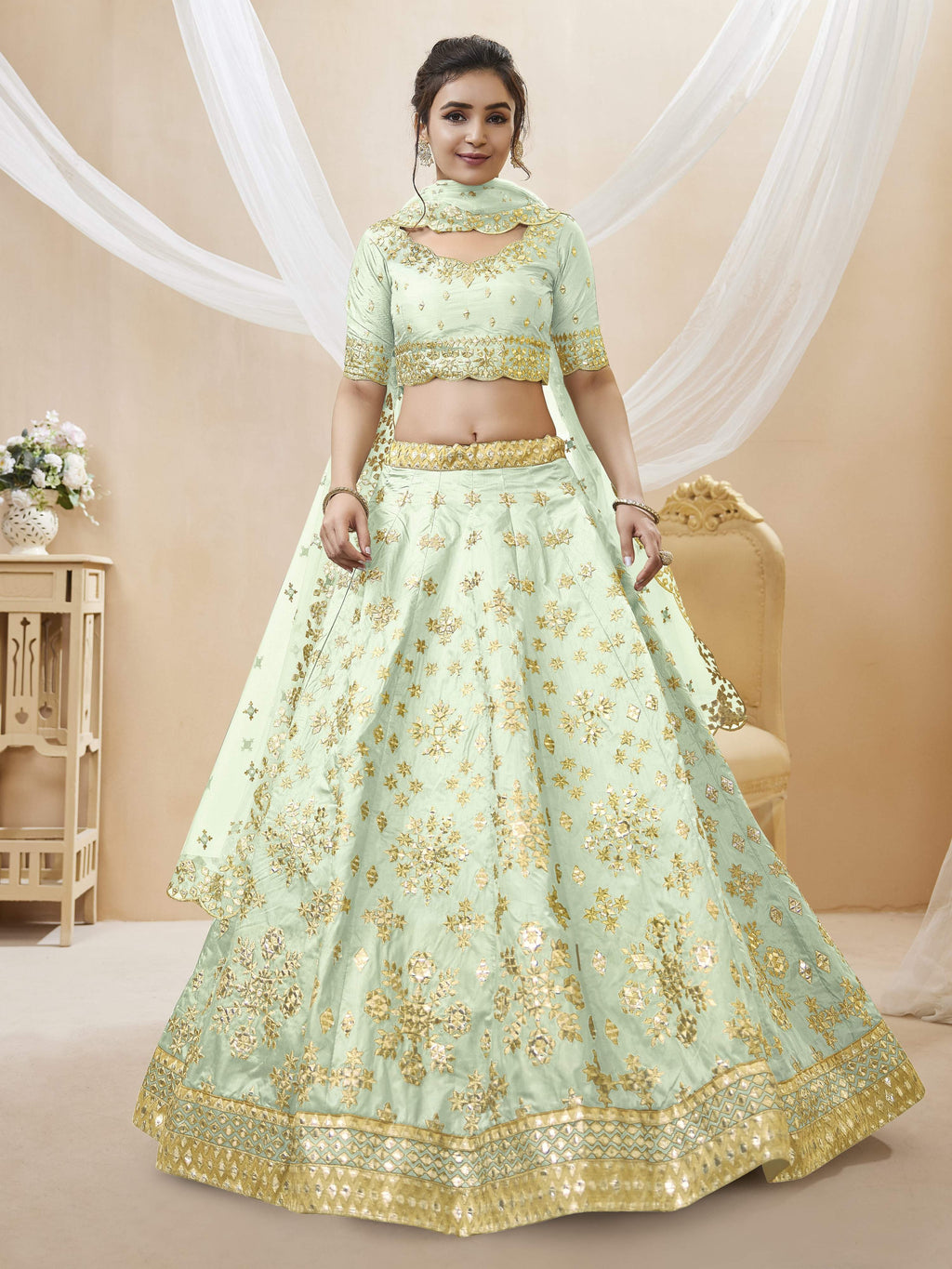 Jyoti Fashion Women's Pista Art Silk Sequins with Foil & Zari Embroidered Lehenga Choli & Dupatta | Grocsy