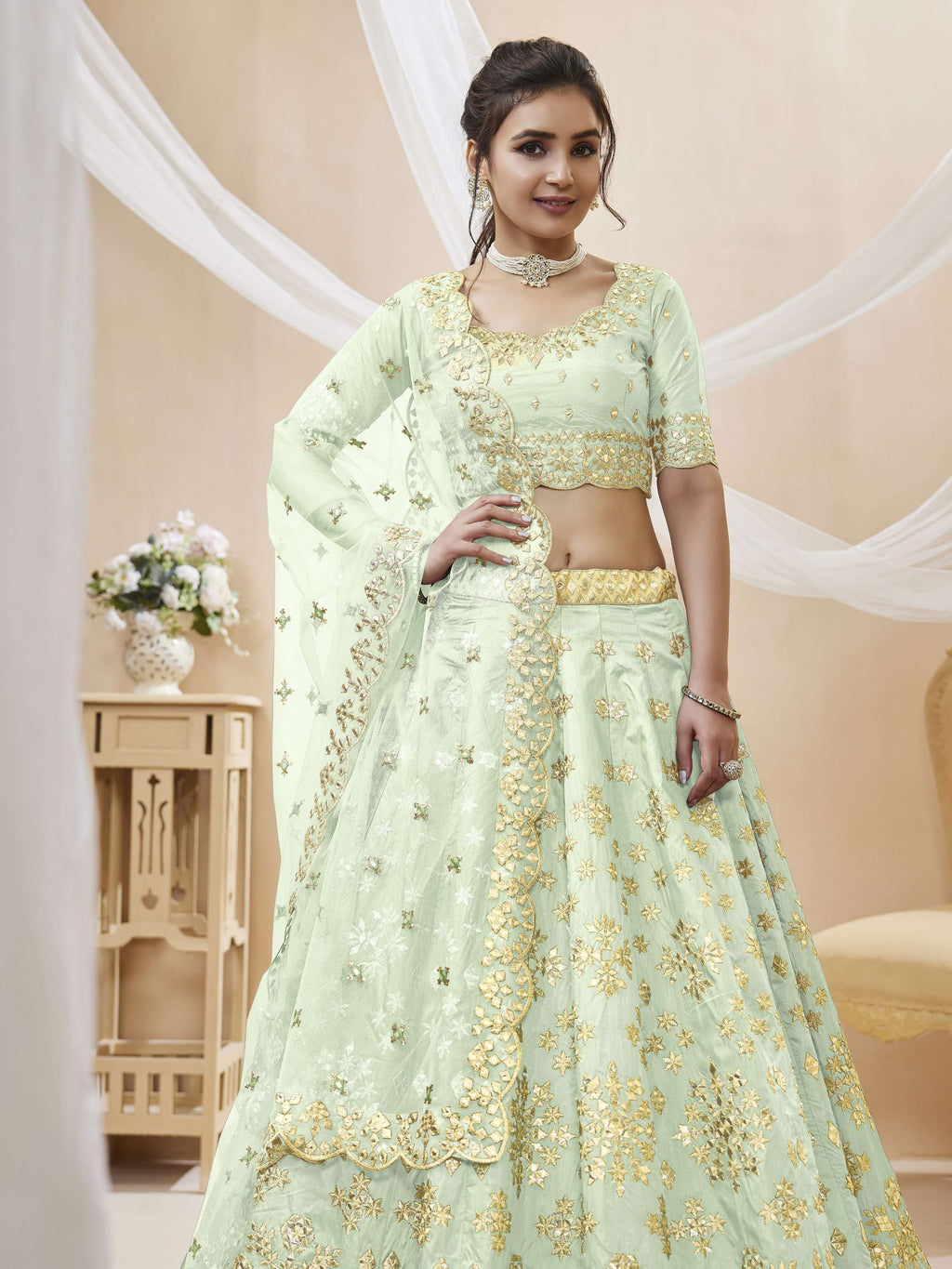 Jyoti Fashion Women's Pista Art Silk Sequins with Foil & Zari Embroidered Lehenga Choli & Dupatta | Grocsy