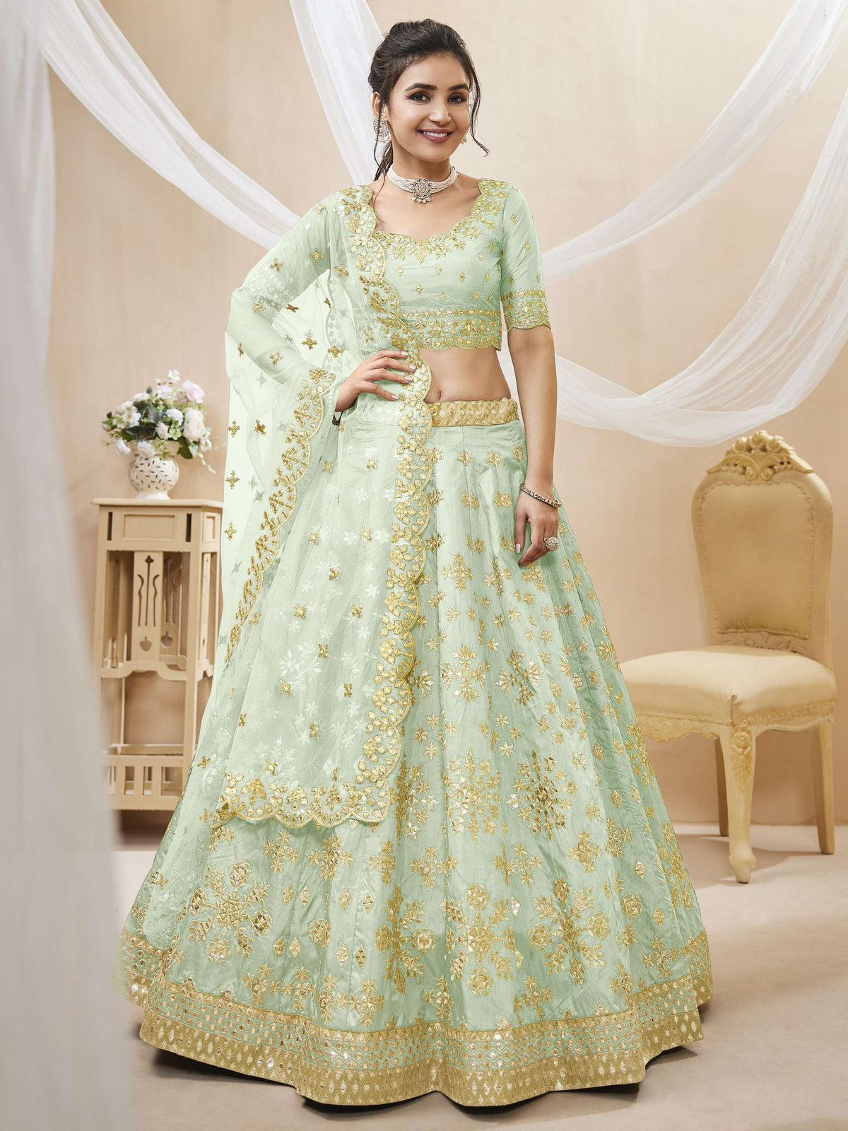 Jyoti Fashion Women's Pista Art Silk Sequins with Foil & Zari Embroidered Lehenga Choli & Dupatta | Grocsy