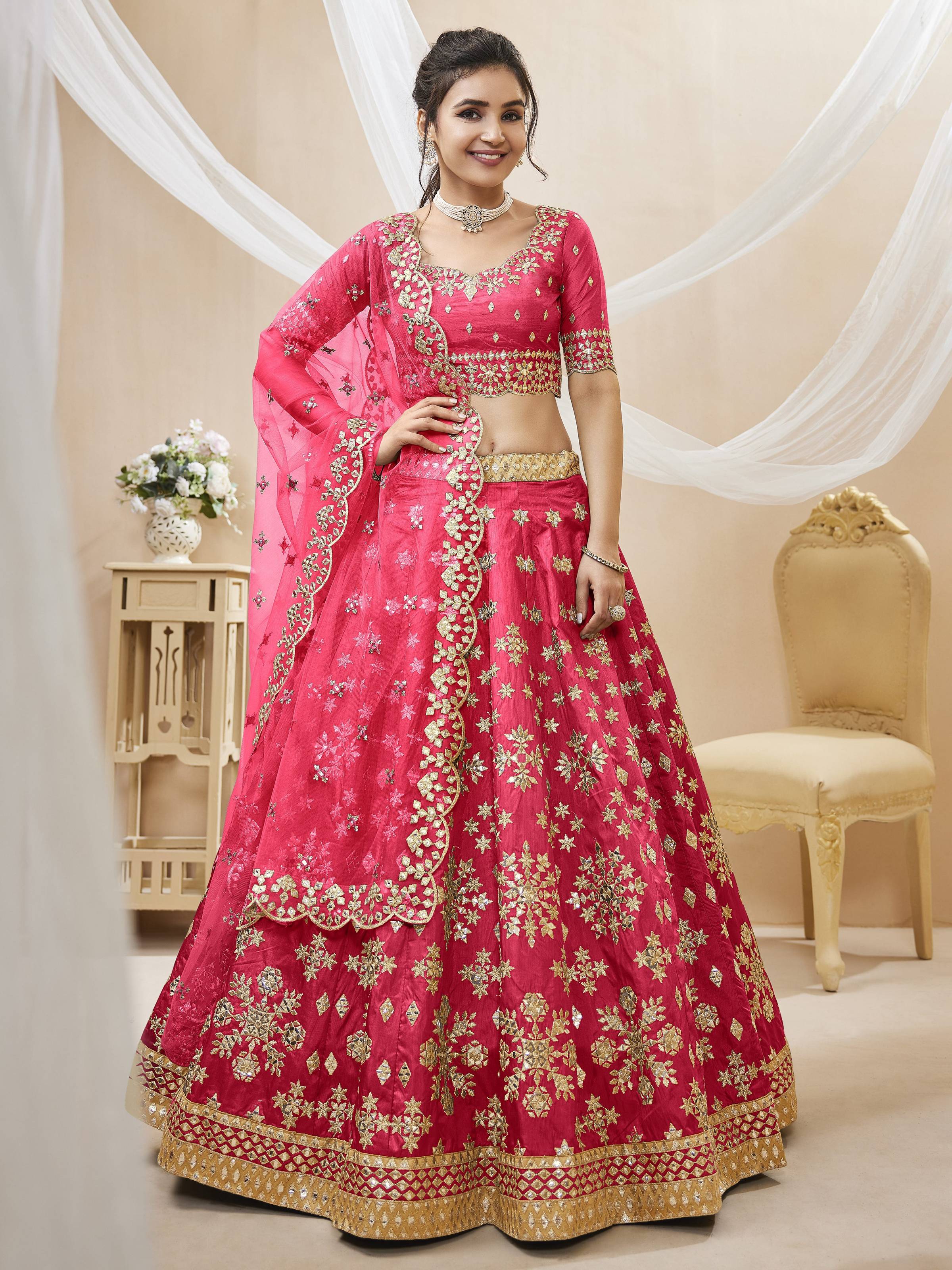 Jyoti Fashion Women's Pink Art Silk Sequins with Foil & Zari Embroidered Lehenga Choli & Dupatta | Grocsy