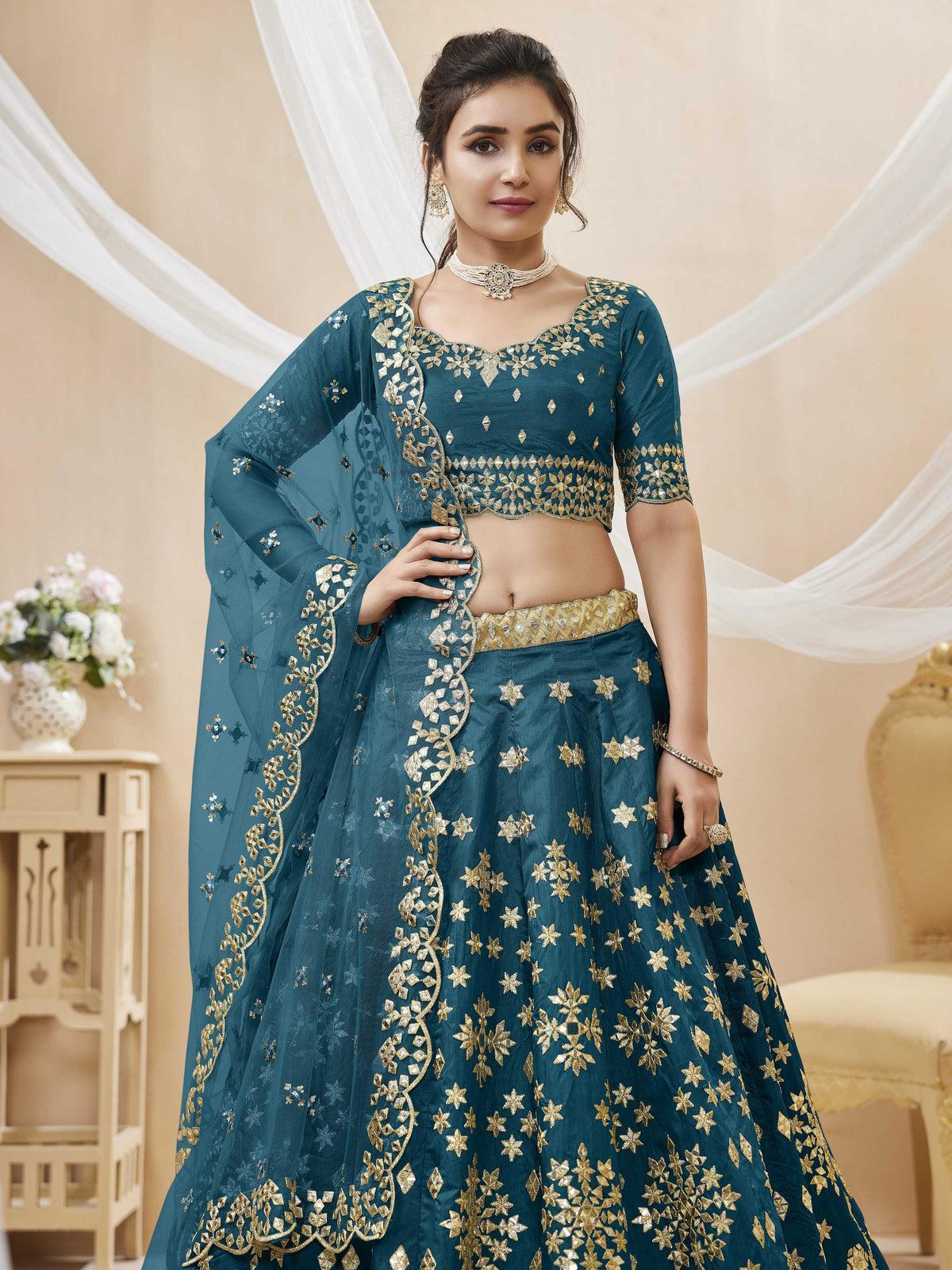 Jyoti Fashion Women's Blue Art Silk Sequins with Foil & Zari Embroidered Lehenga Choli & Dupatta | Grocsy