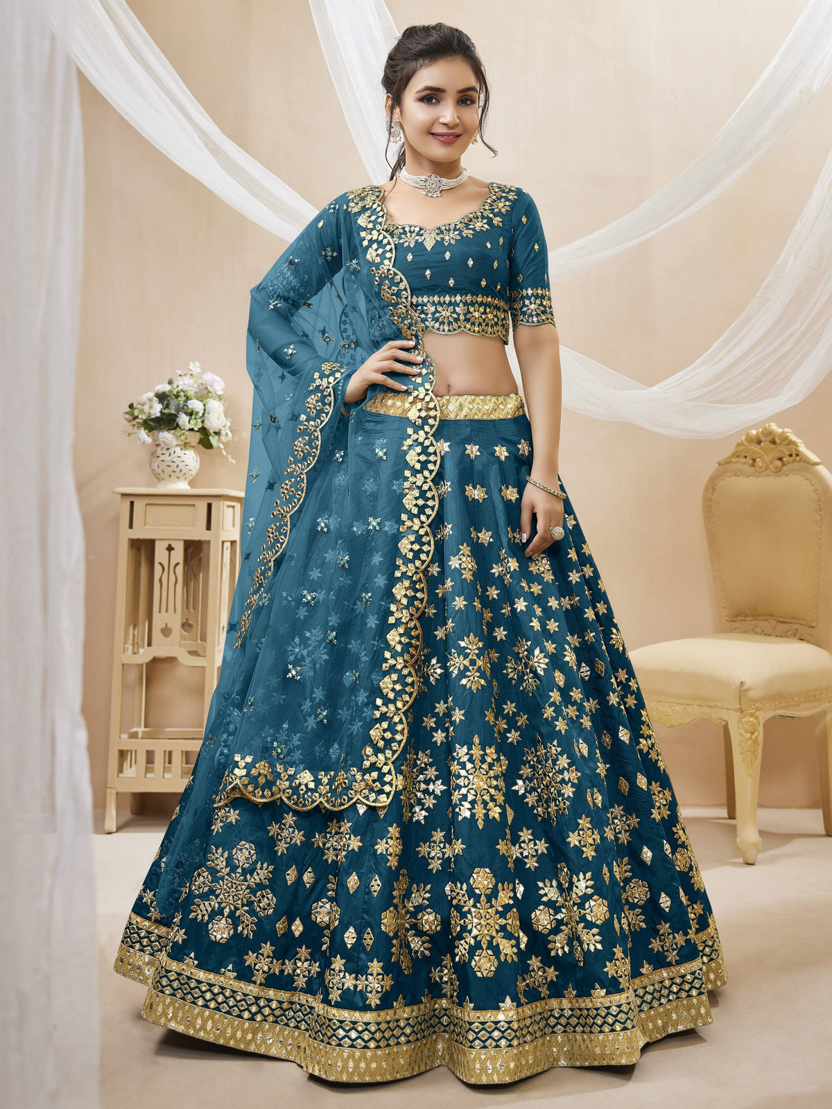 Jyoti Fashion Women's Blue Art Silk Sequins with Foil & Zari Embroidered Lehenga Choli & Dupatta | Grocsy