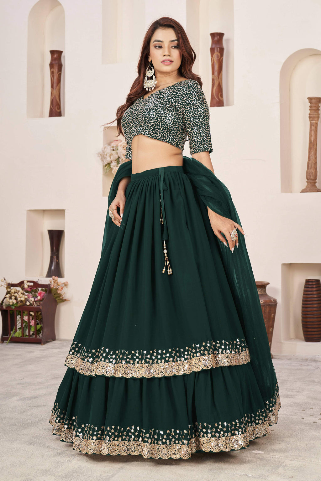 Jyoti Fashion Women's Green Georgette Sequins Zari Embroidered Lehenga Choli & Dupatta | Grocsy
