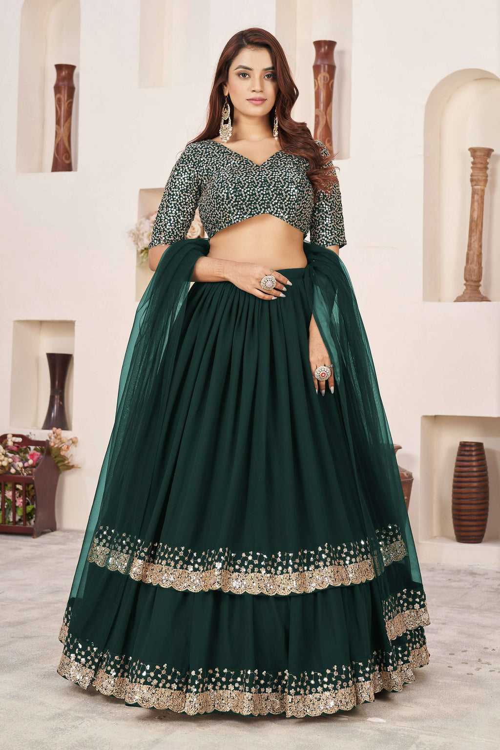 Jyoti Fashion Women's Green Georgette Sequins Zari Embroidered Lehenga Choli & Dupatta | Grocsy
