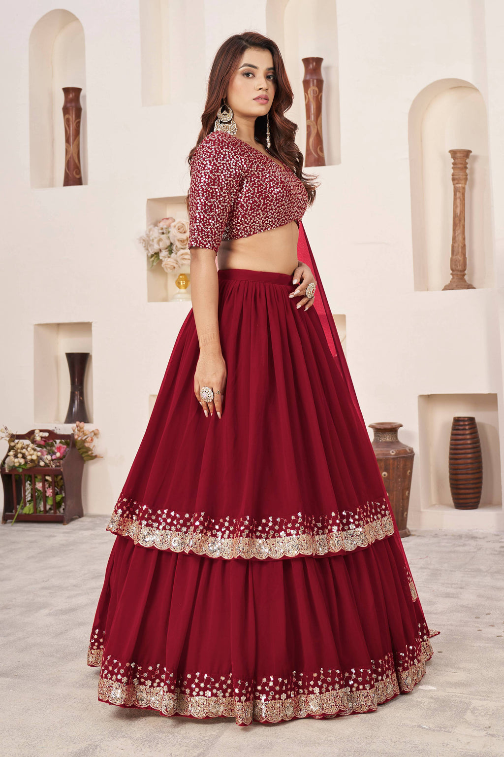 Jyoti Fashion Women's Red Georgette Sequins Zari Embroidered Lehenga Choli & Dupatta | Grocsy