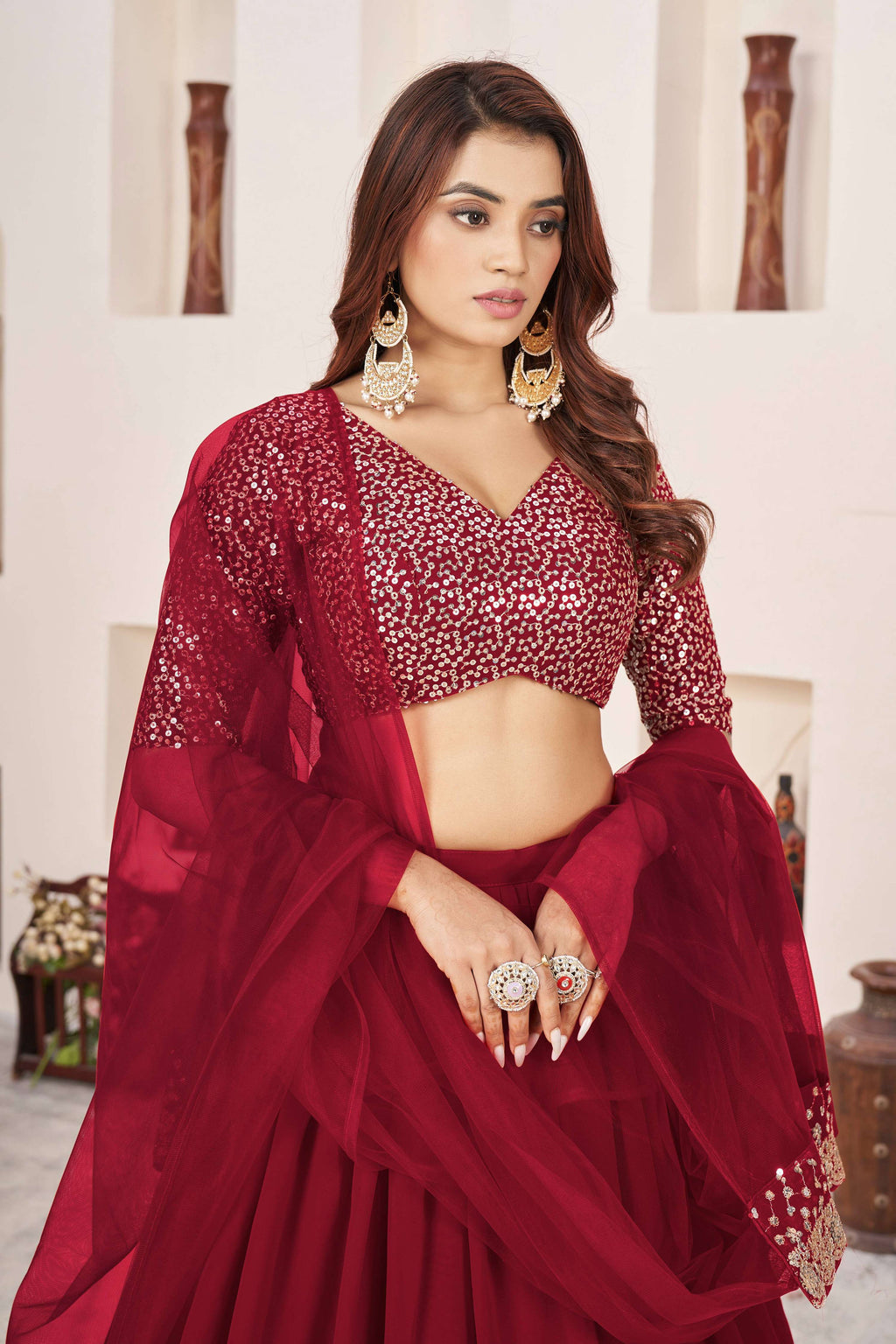 Jyoti Fashion Women's Red Georgette Sequins Zari Embroidered Lehenga Choli & Dupatta | Grocsy