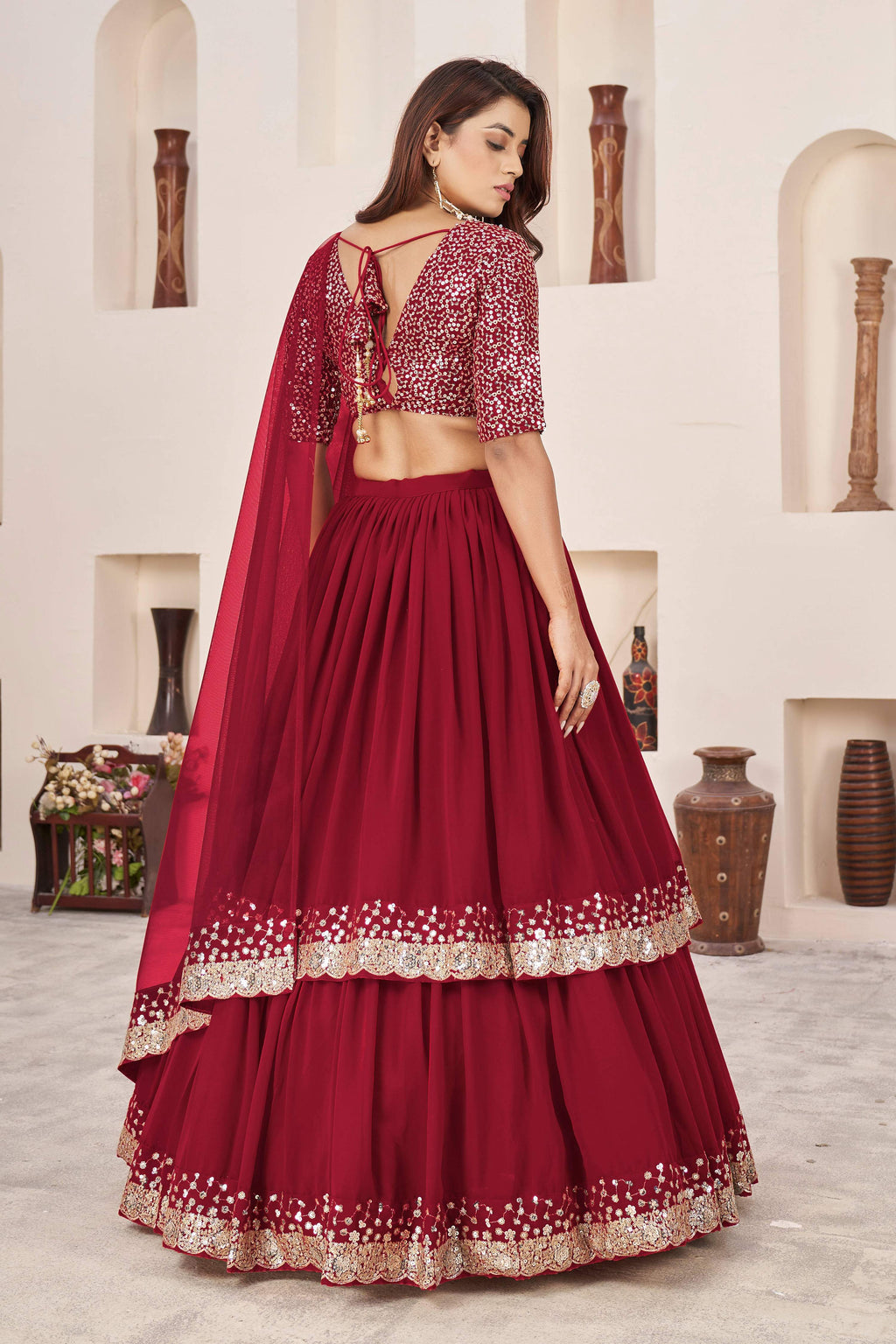 Jyoti Fashion Women's Red Georgette Sequins Zari Embroidered Lehenga Choli & Dupatta | Grocsy